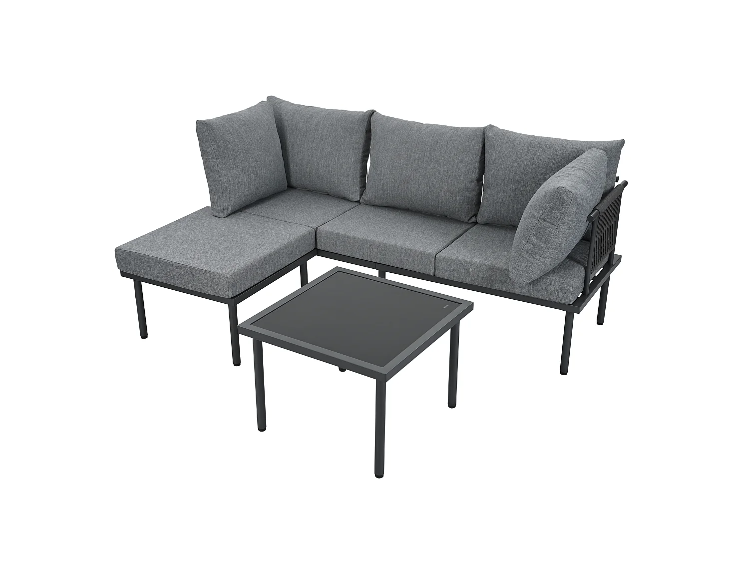 Salon de jardin en acier galvanisé : canapé 3 places + table basse + pouf - Gris et noir