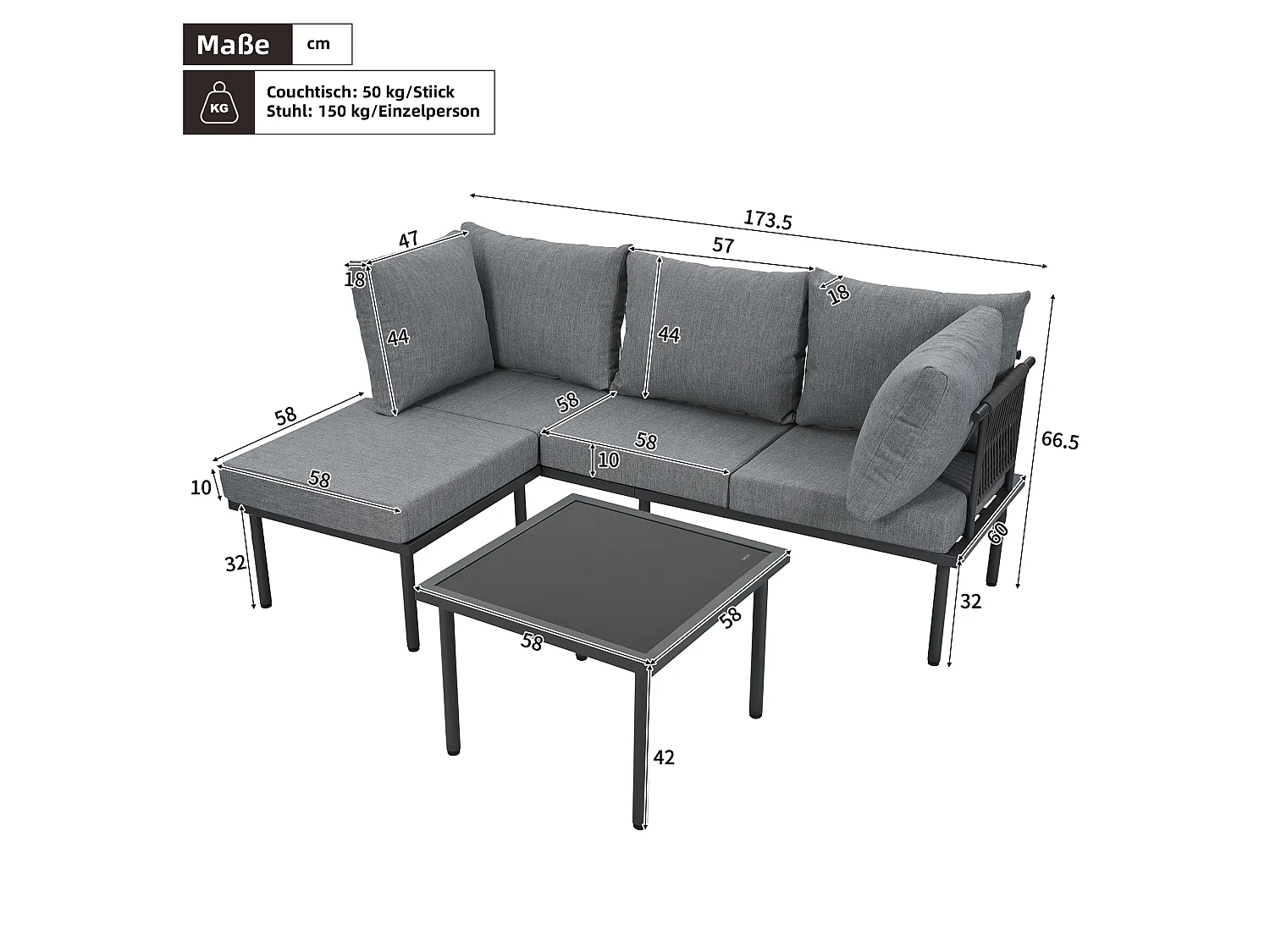 Salon de jardin en acier galvanisé : canapé 3 places + table basse + pouf - Gris et noir