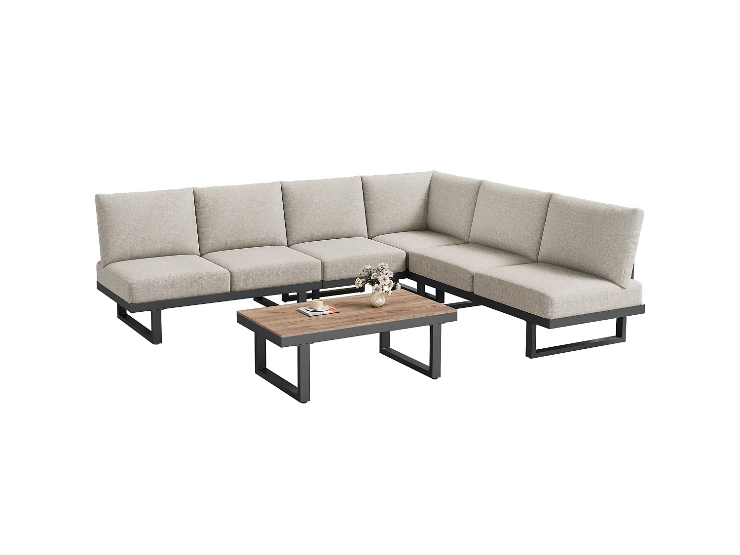 Modulär 5-sits trädgårdsmöbelset: 2 tvåsitssoffor + 1 soffbord - Gråbeige