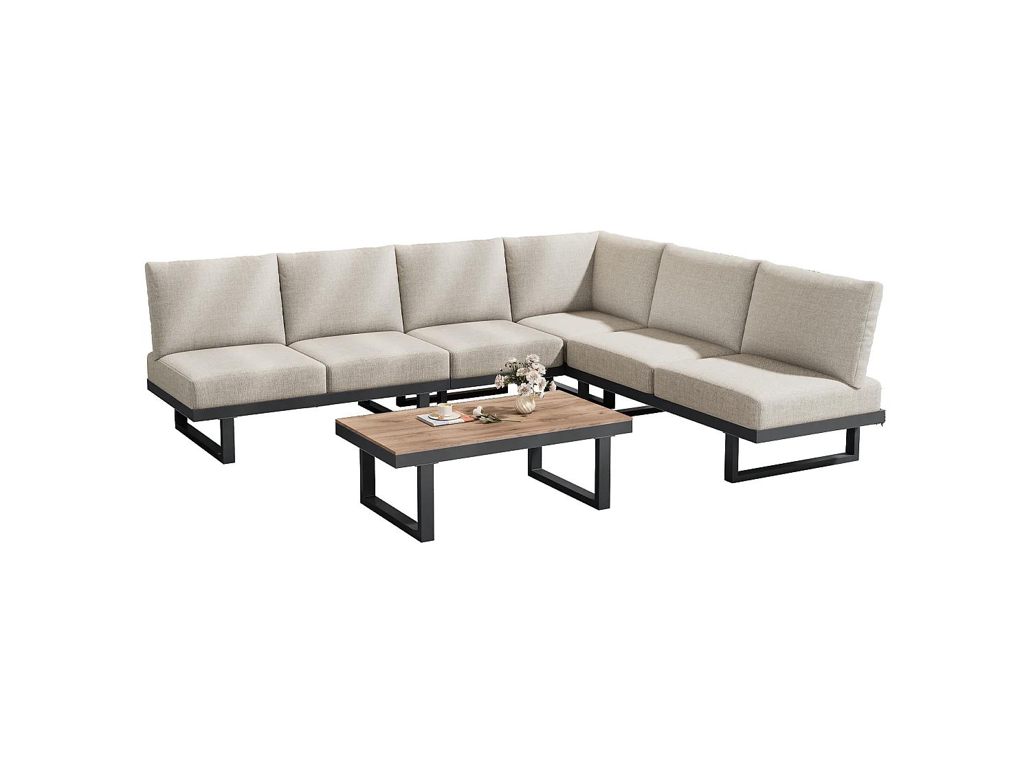 Modulär 5-sits trädgårdsmöbelset: 2 tvåsitssoffor + 1 soffbord - Gråbeige