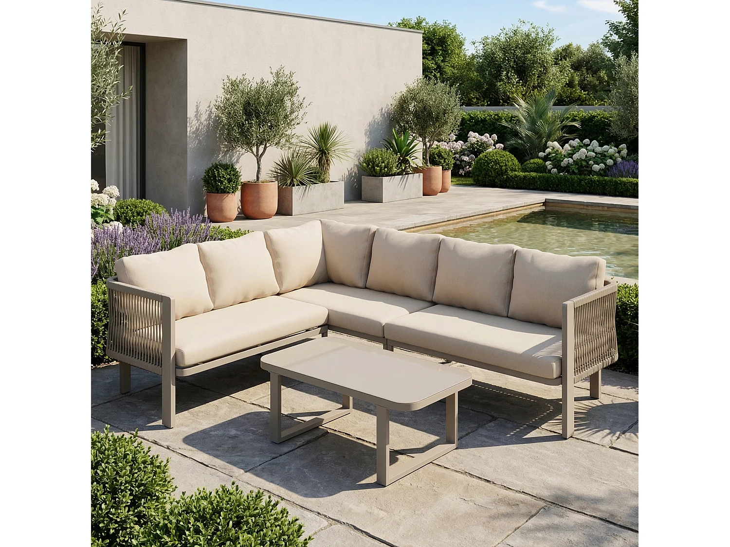 Ensemble de mobilier de jardin 6 personnes en acier: canapé d'angle et table basse - Tissu kaki