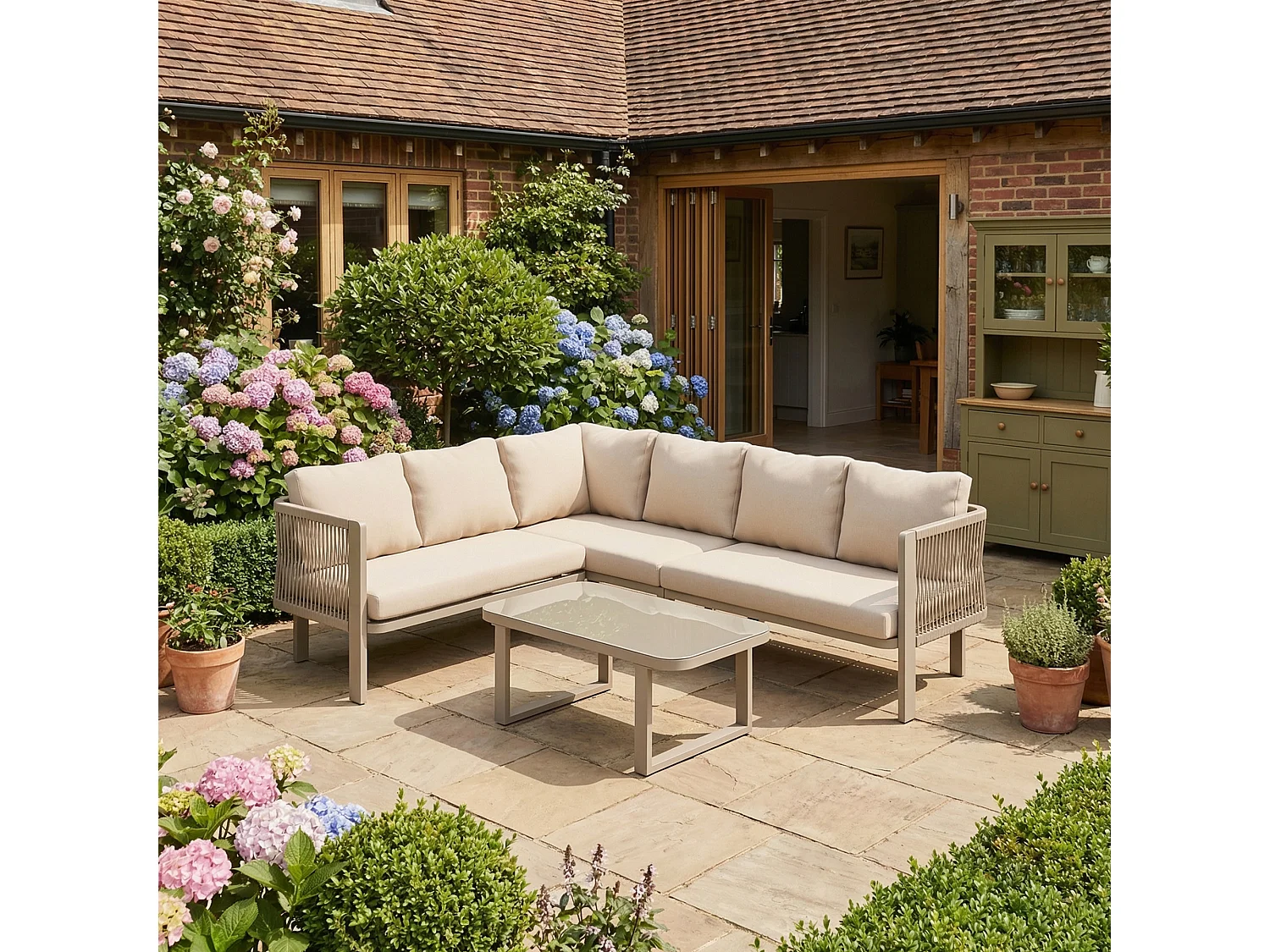 Ensemble de mobilier de jardin 6 personnes en acier: canapé d'angle et table basse - Tissu kaki