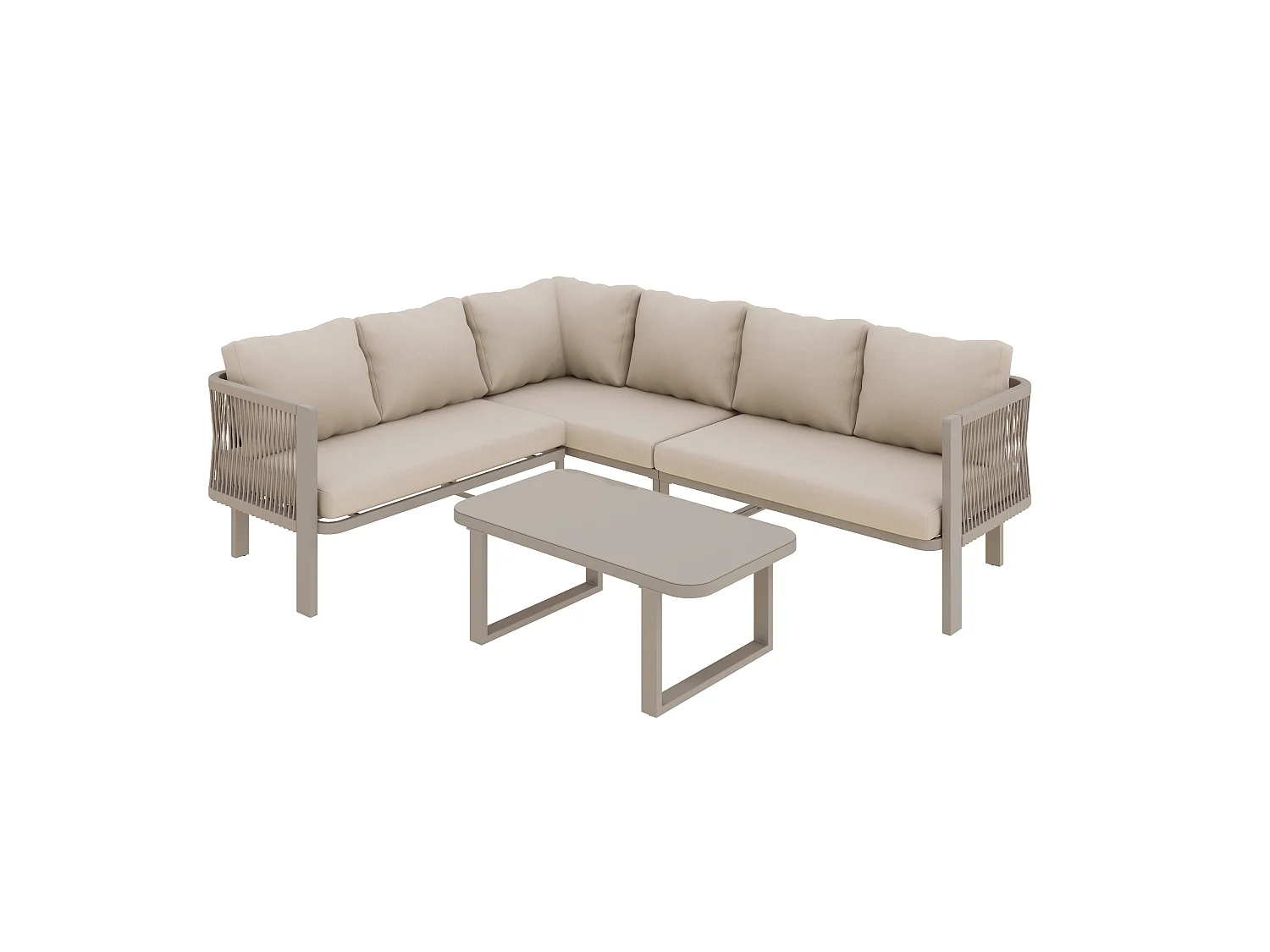 Ensemble de mobilier de jardin 6 personnes en acier: canapé d'angle et table basse - Tissu kaki