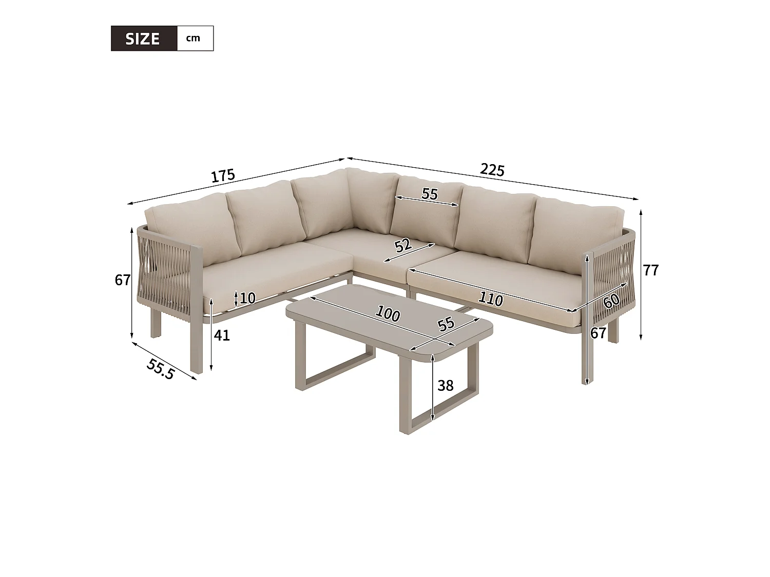 Ensemble de mobilier de jardin 6 personnes en acier: canapé d'angle et table basse - Tissu kaki