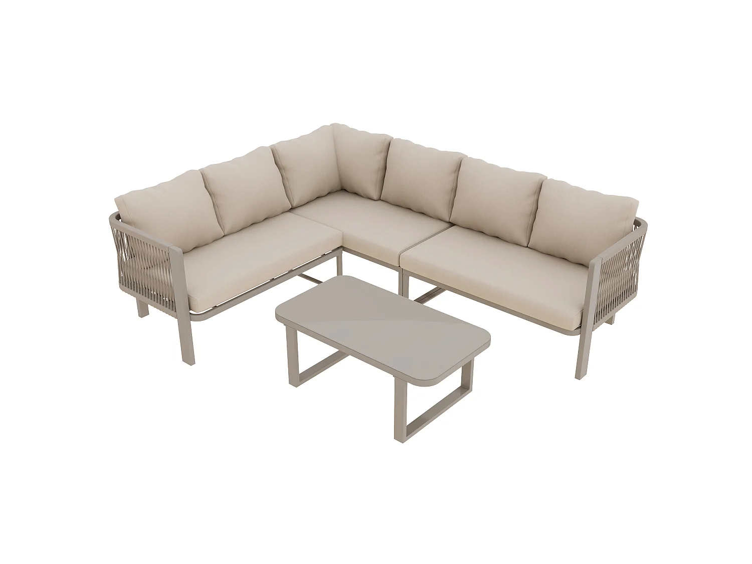 Ensemble de mobilier de jardin 6 personnes en acier: canapé d'angle et table basse - Tissu kaki