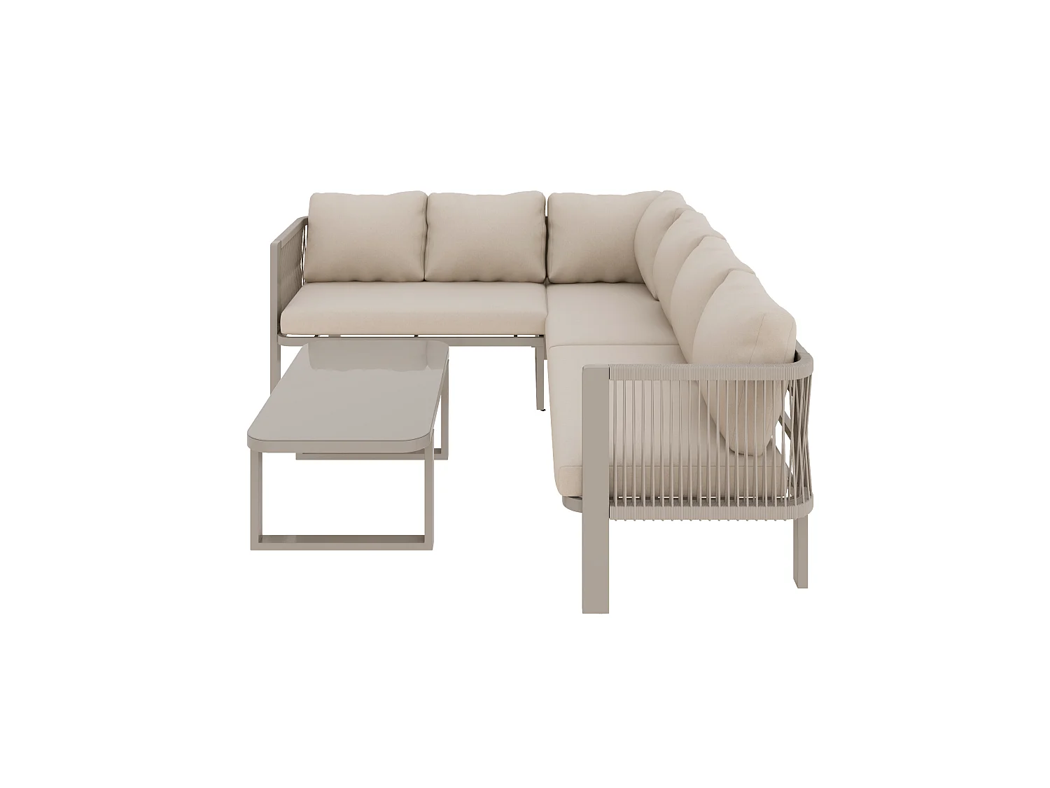 Ensemble de mobilier de jardin 6 personnes en acier: canapé d'angle et table basse - Tissu kaki