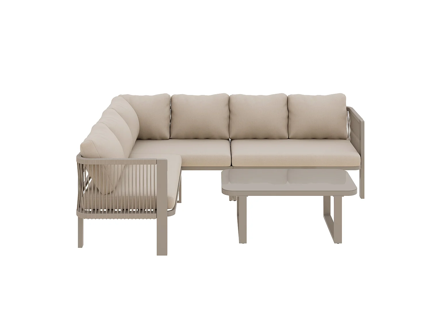 Ensemble de mobilier de jardin 6 personnes en acier: canapé d'angle et table basse - Tissu kaki