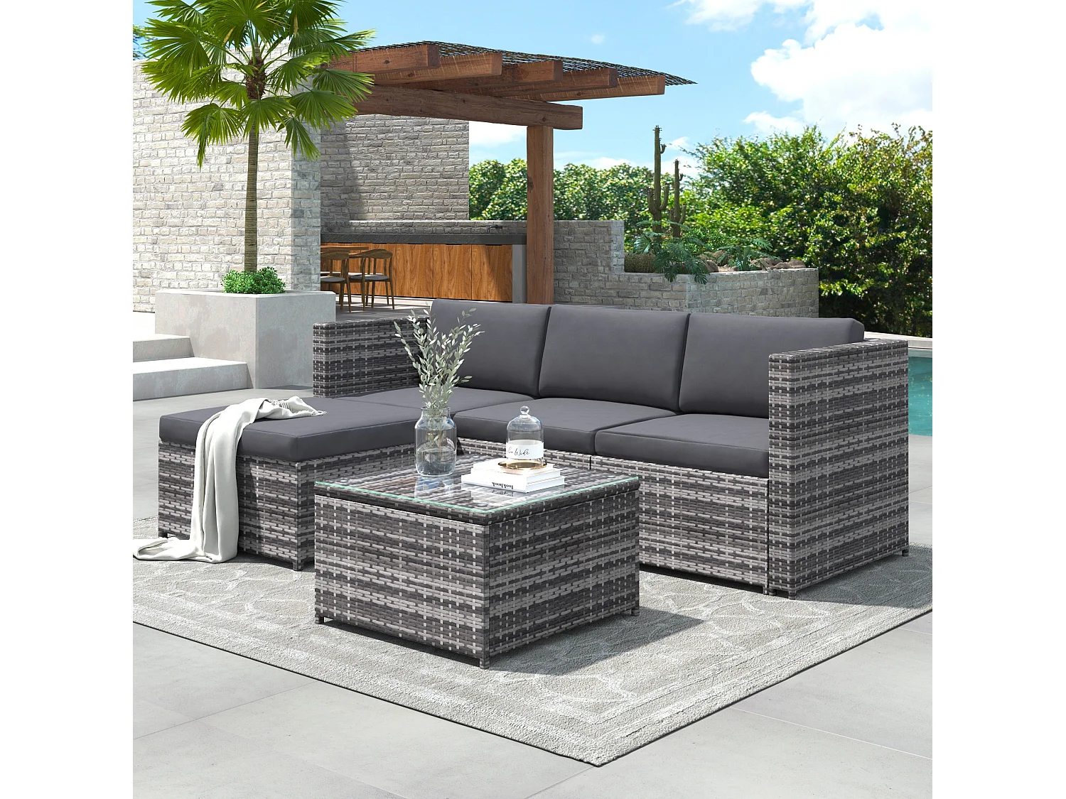Woven resin garden furniture set - Outdoor corner sofa with coffee table - 4-seater - Grey