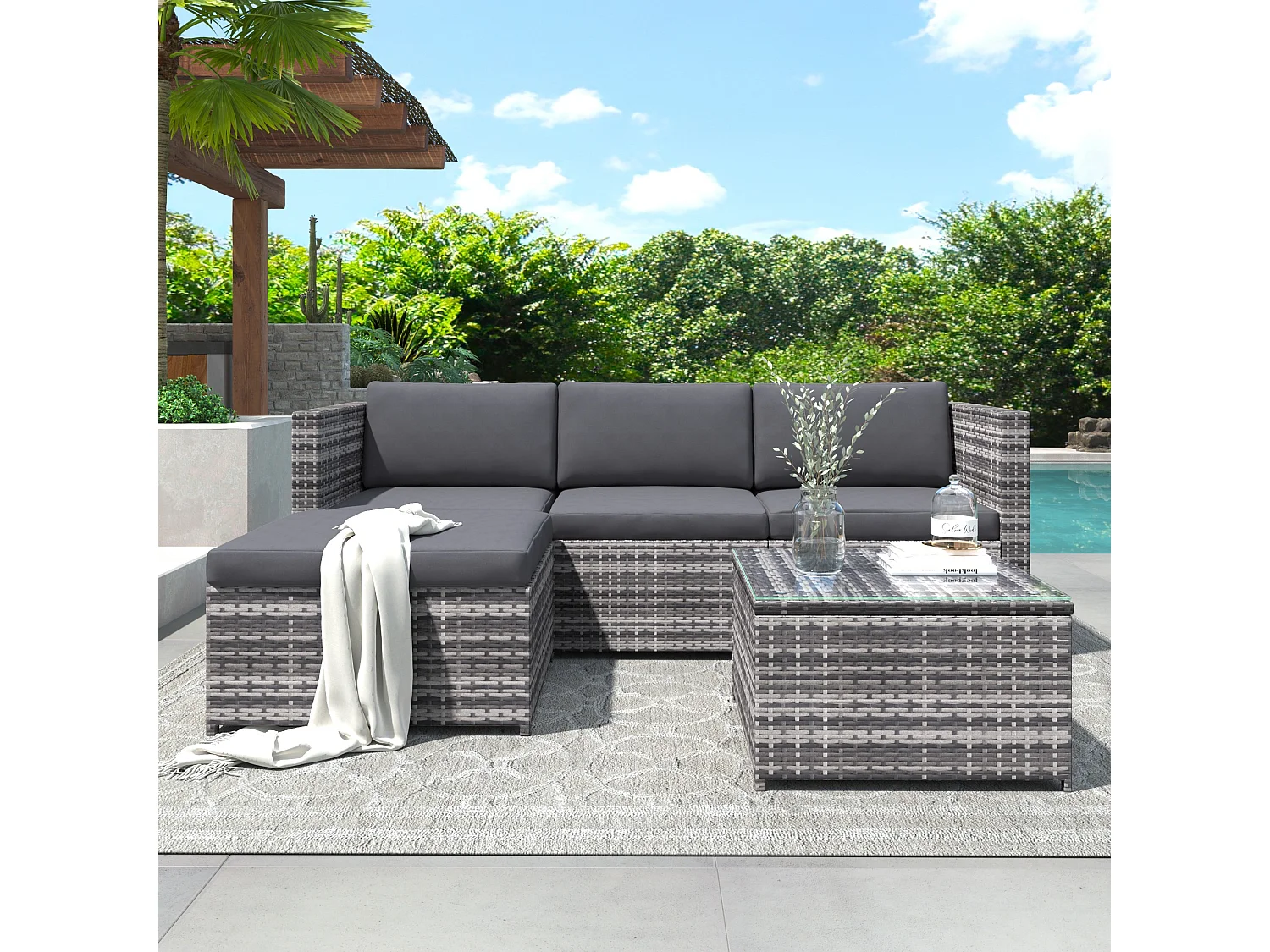 Woven resin garden furniture set - Outdoor corner sofa with coffee table - 4-seater - Grey