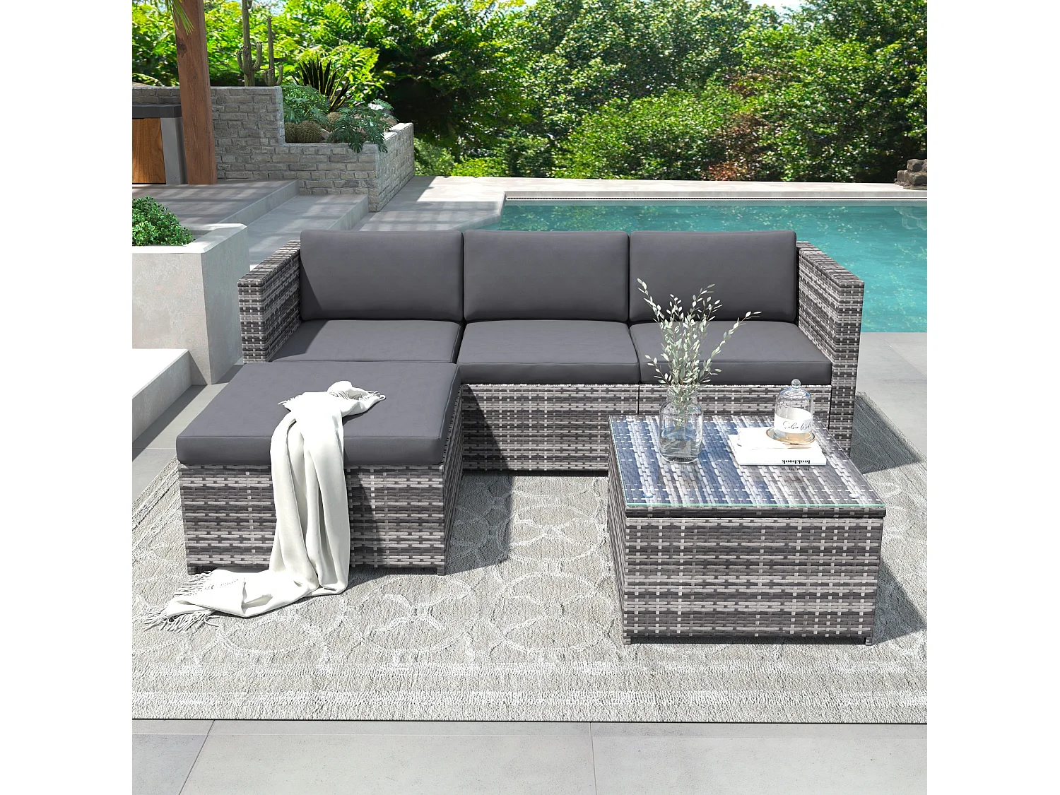 Woven resin garden furniture set - Outdoor corner sofa with coffee table - 4-seater - Grey
