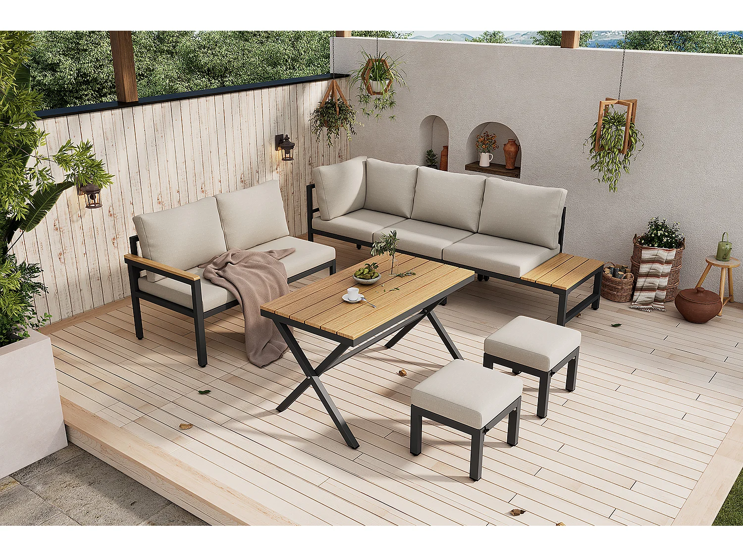 Modulaire tuinset van staal en stof: hoekbank, 2 krukjes, tafel, grijsbeige
