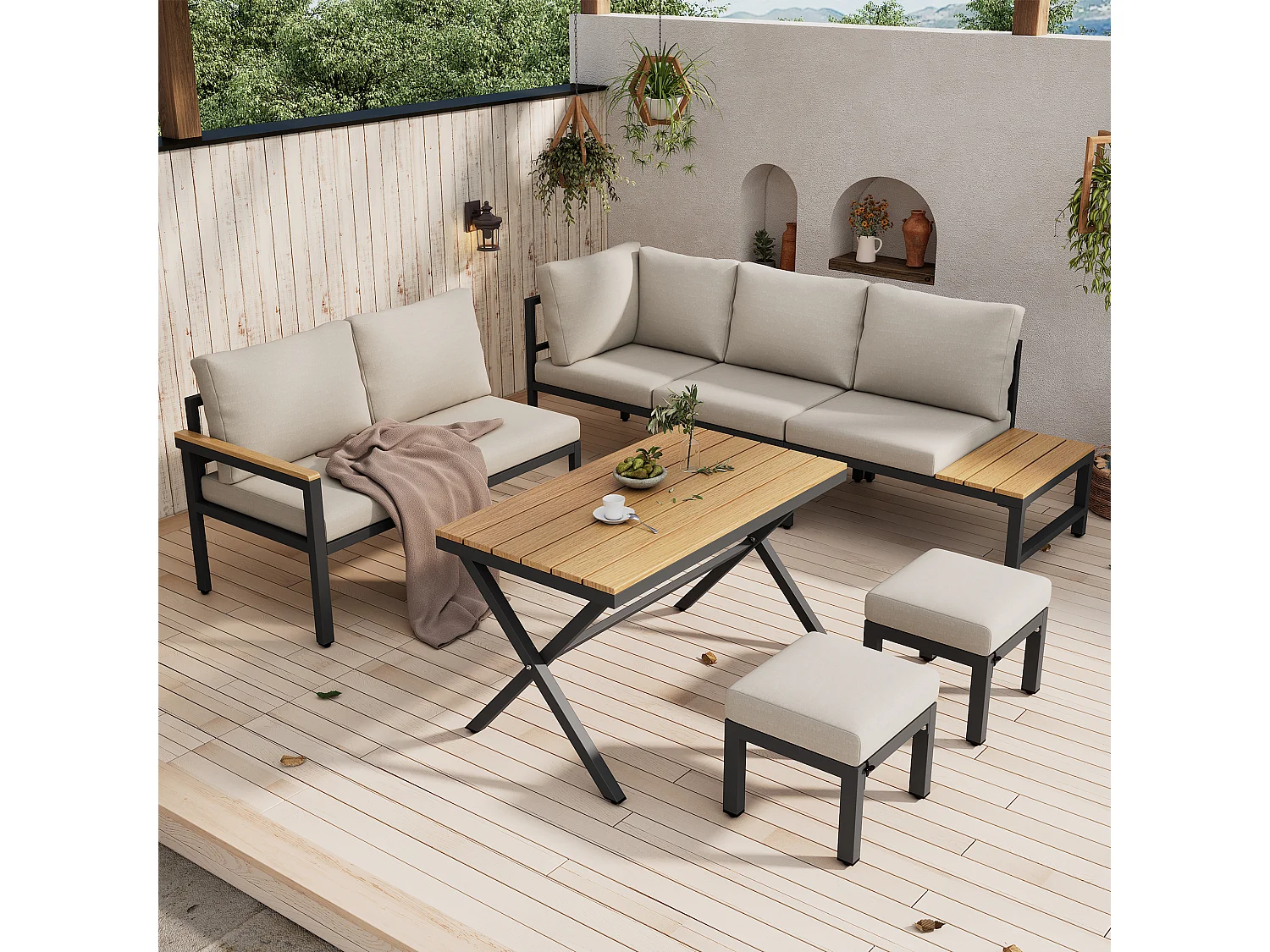 Modulaire tuinset van staal en stof: hoekbank, 2 krukjes, tafel, grijsbeige