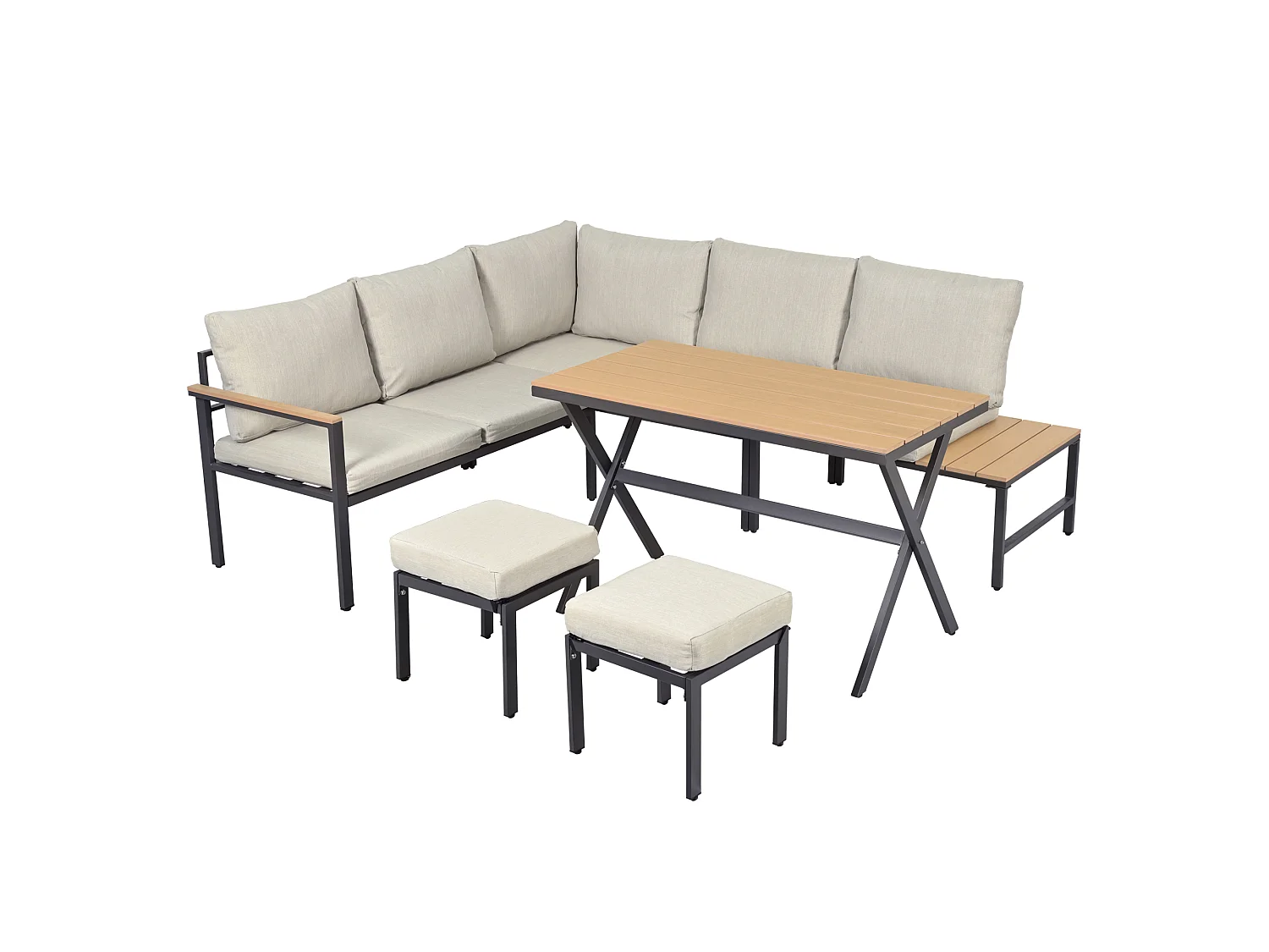 Modulaire tuinset van staal en stof: hoekbank, 2 krukjes, tafel, grijsbeige