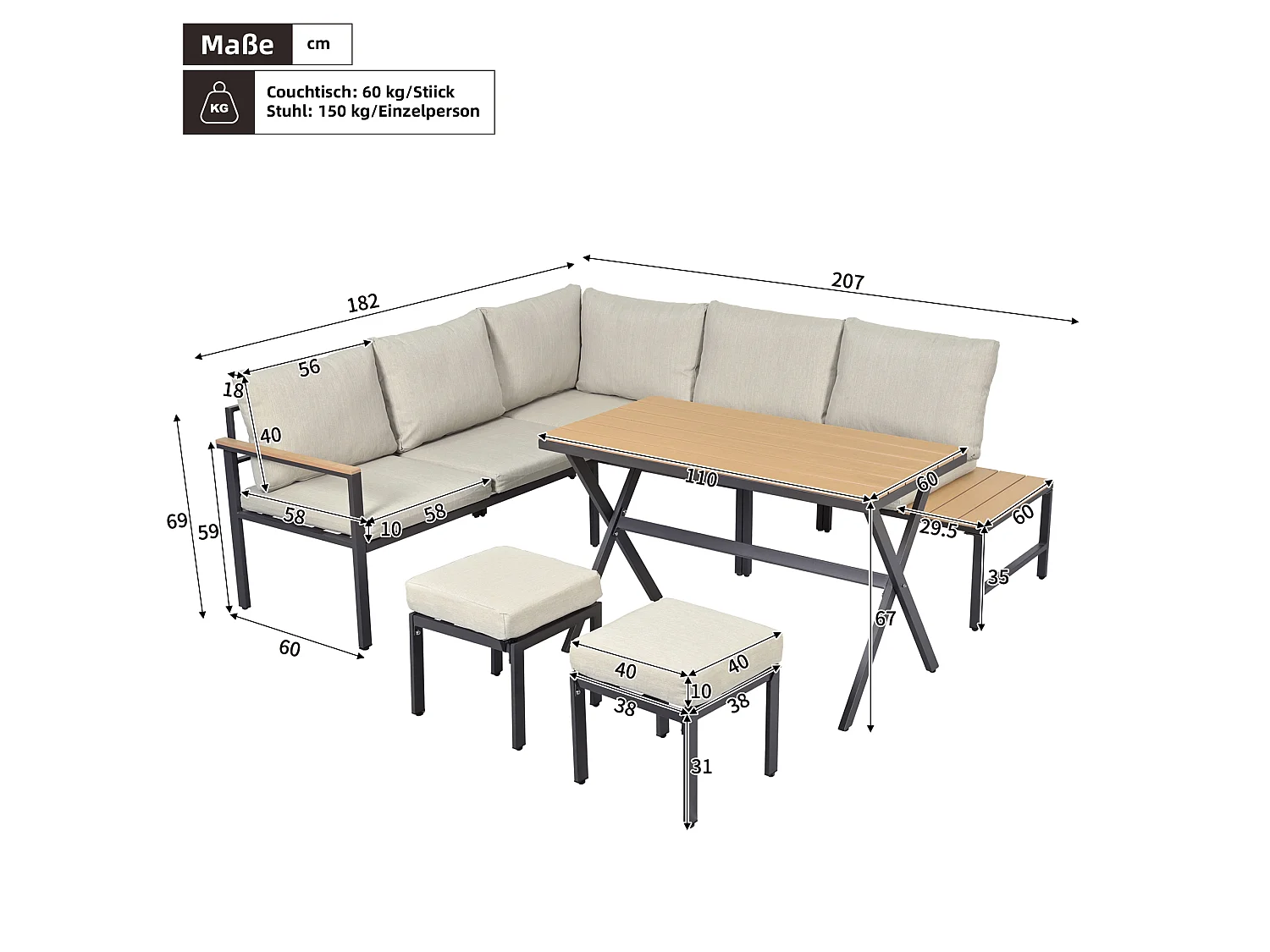 Modulaire tuinset van staal en stof: hoekbank, 2 krukjes, tafel, grijsbeige