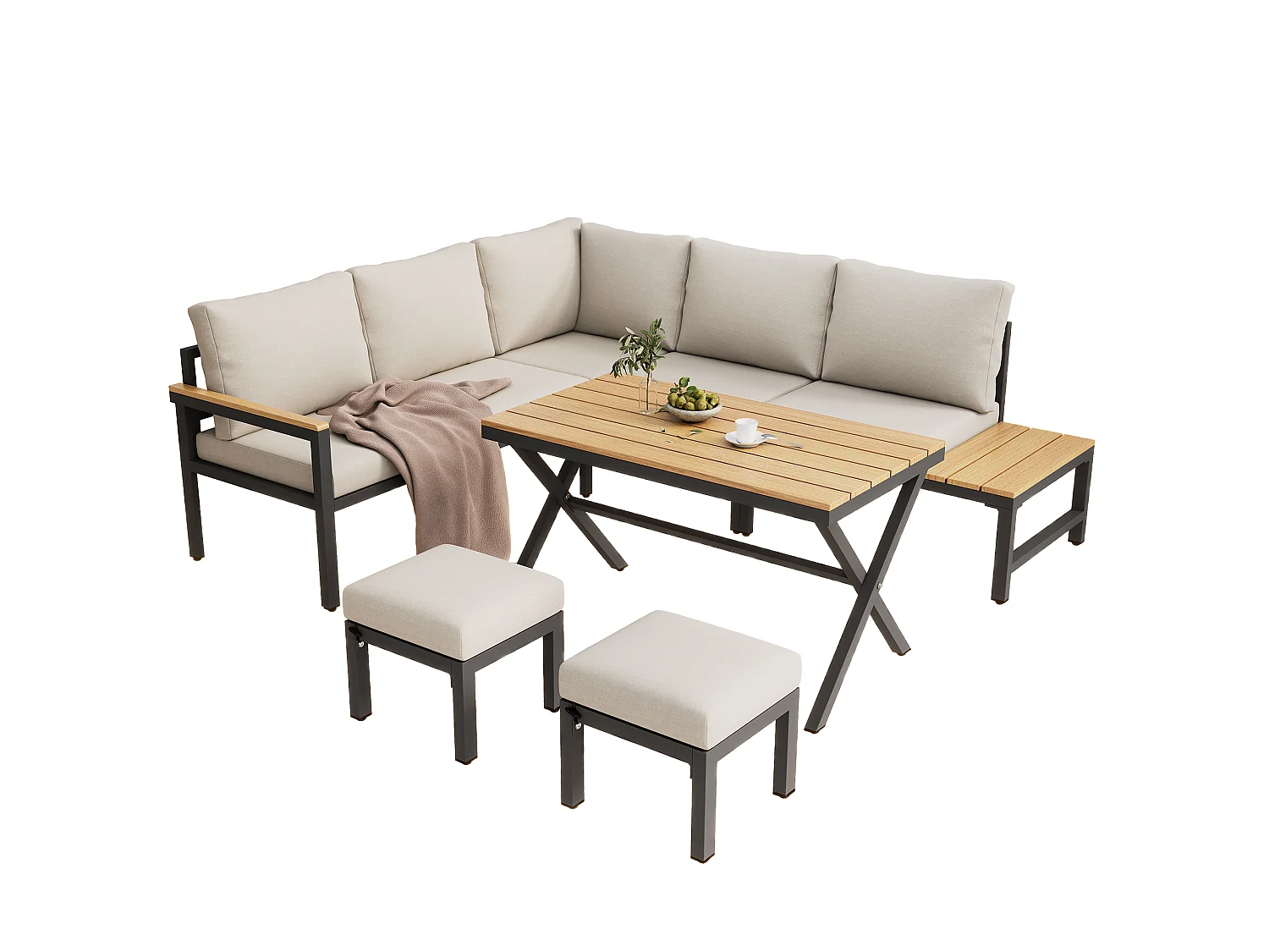 Modulaire tuinset van staal en stof: hoekbank, 2 krukjes, tafel, grijsbeige