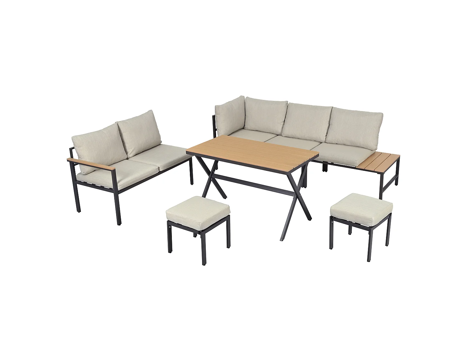 Modulaire tuinset van staal en stof: hoekbank, 2 krukjes, tafel, grijsbeige