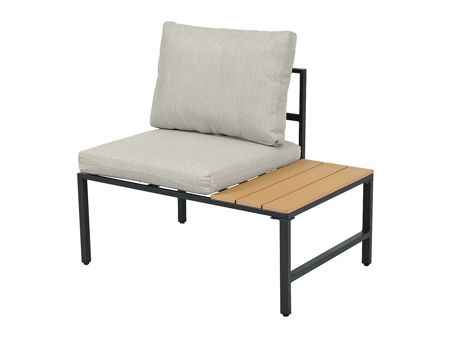 Modulaire tuinset van staal en stof: hoekbank, 2 krukjes, tafel, grijsbeige