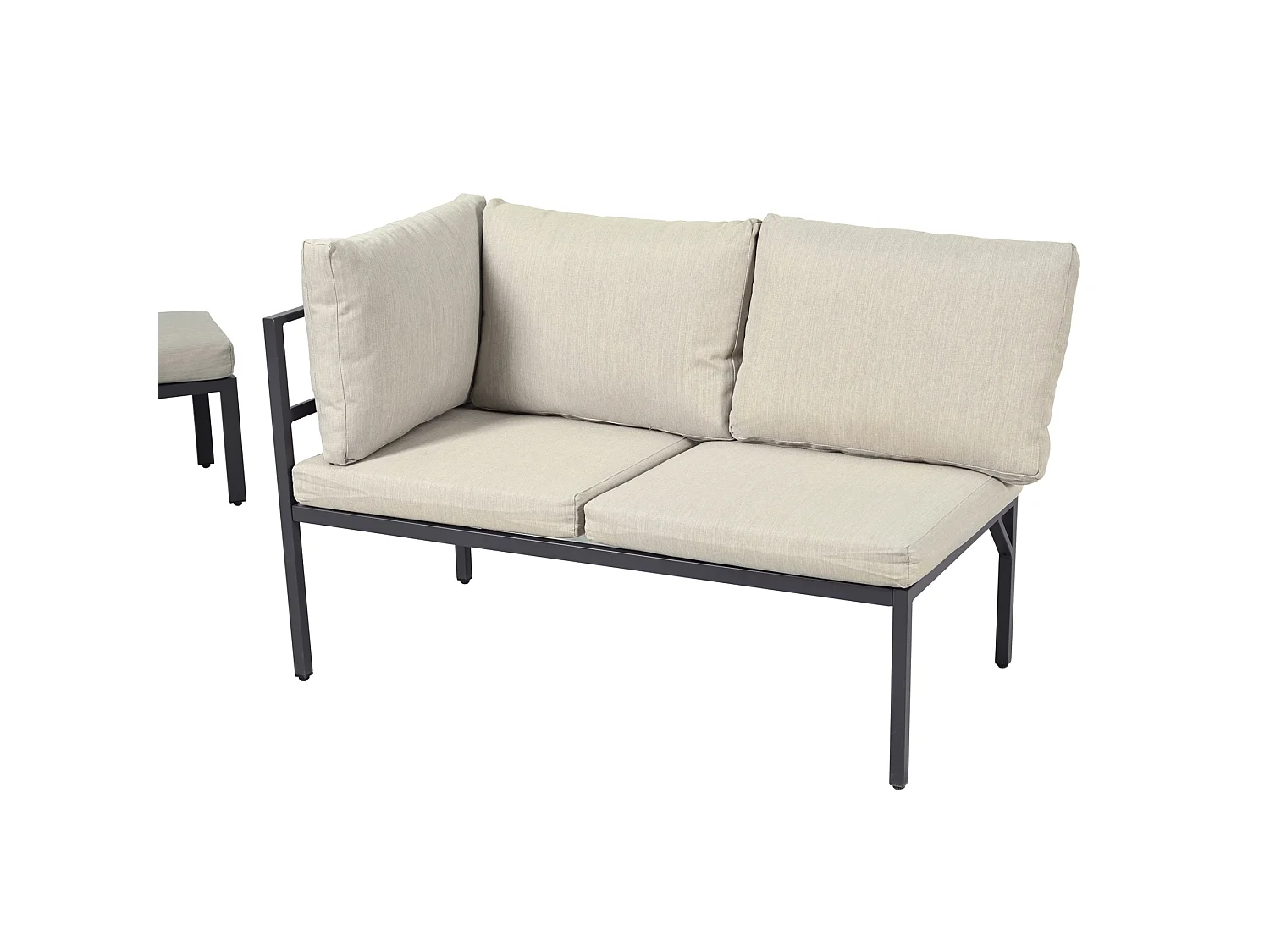 Modulaire tuinset van staal en stof: hoekbank, 2 krukjes, tafel, grijsbeige