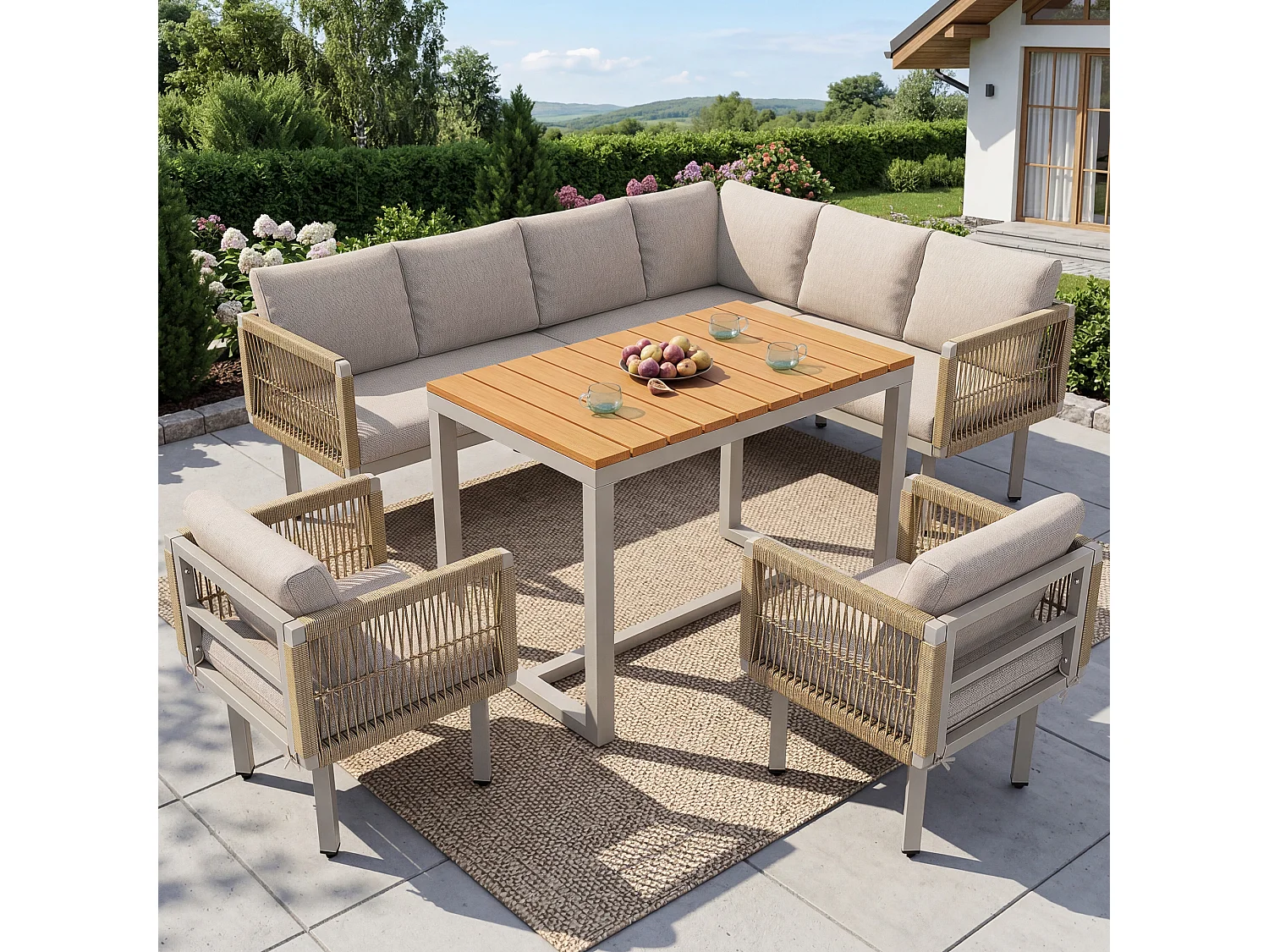 6-delars trädgårdsmöbelset i flätat rep, hörnsoffa och soffbord med bekväma kuddar för terrass och trädgård - Beige