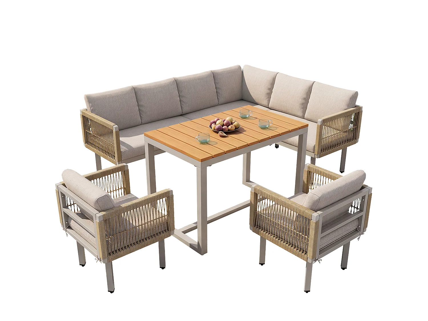 6-delars trädgårdsmöbelset i flätat rep, hörnsoffa och soffbord med bekväma kuddar för terrass och trädgård - Beige