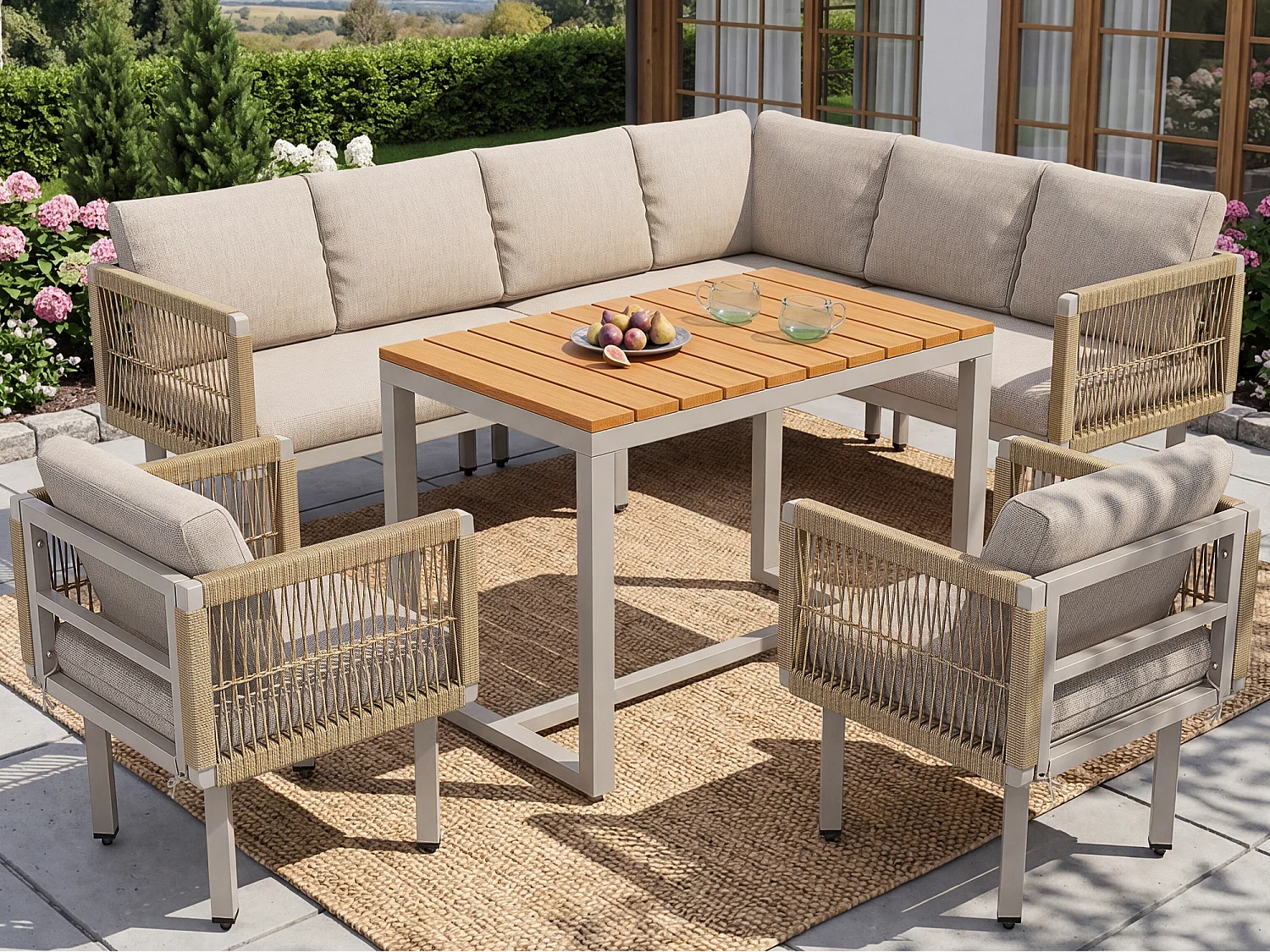 6-delars trädgårdsmöbelset i flätat rep, hörnsoffa och soffbord med bekväma kuddar för terrass och trädgård - Beige