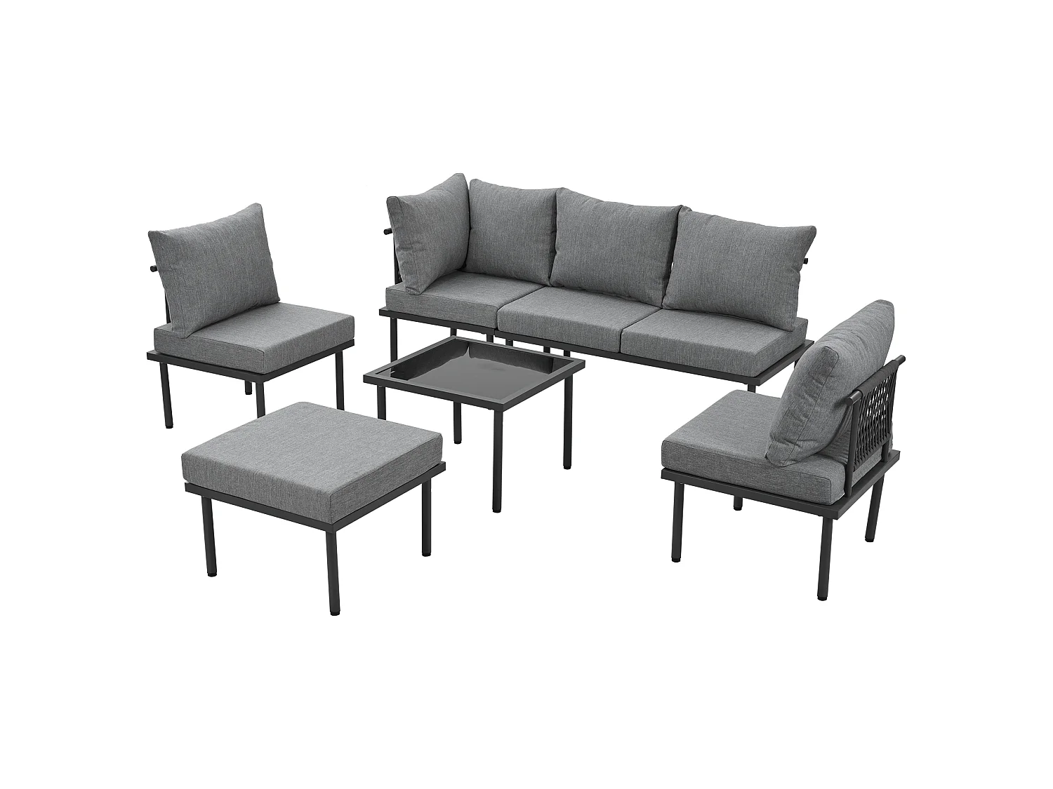 Salon de jardin modulable 6 places en fer galvanisé - Coussins d'assise et de dossier gris