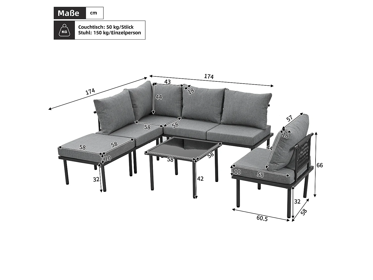 Salon de jardin modulable 6 places en fer galvanisé - Coussins d'assise et de dossier gris