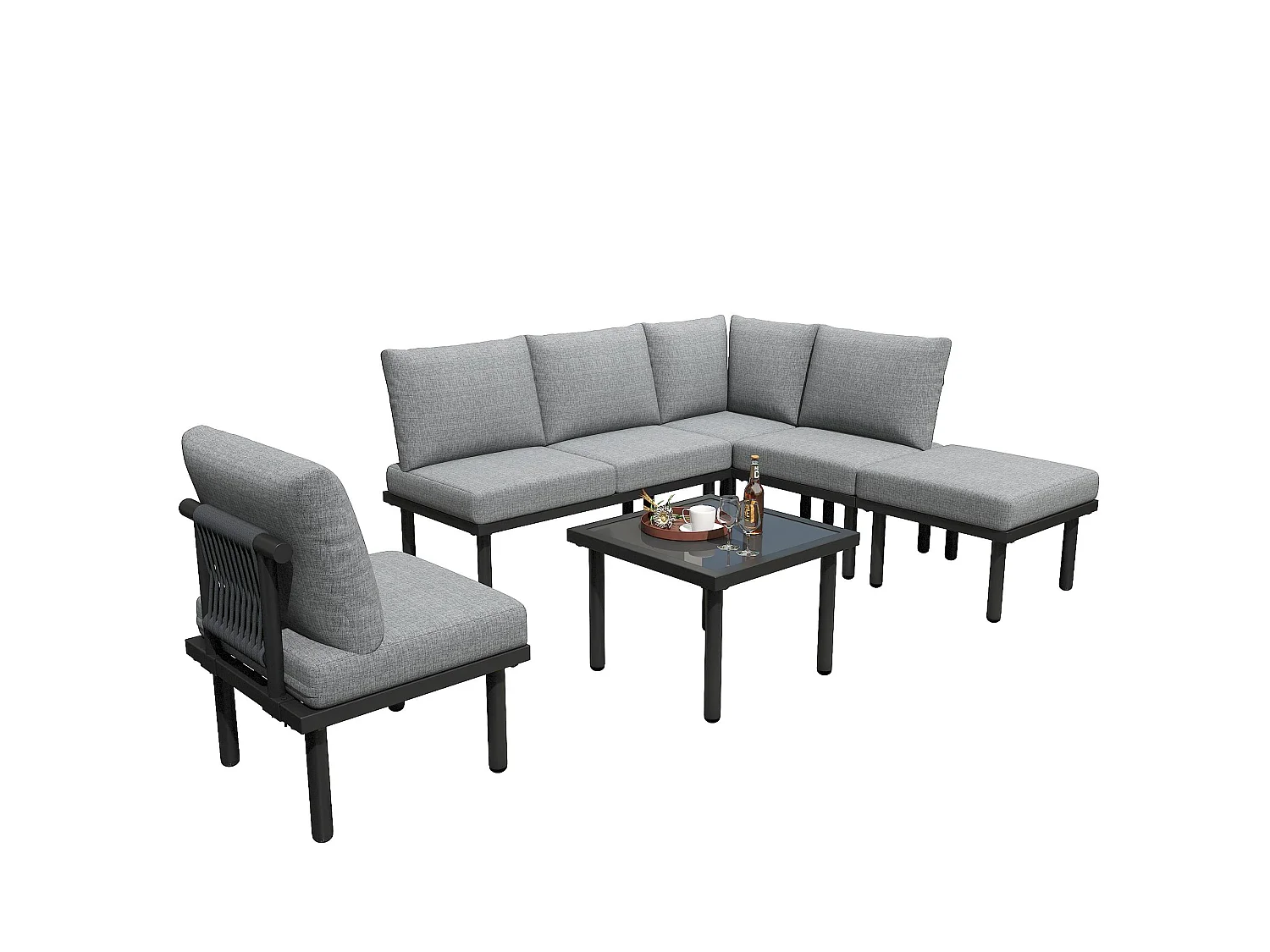 Salon de jardin modulable 6 places en fer galvanisé - Coussins d'assise et de dossier gris