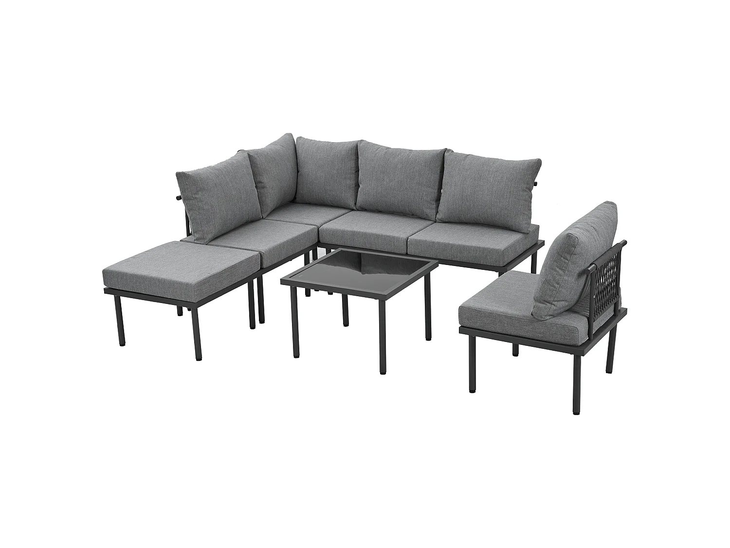 Salon de jardin modulable 6 places en fer galvanisé - Coussins d'assise et de dossier gris