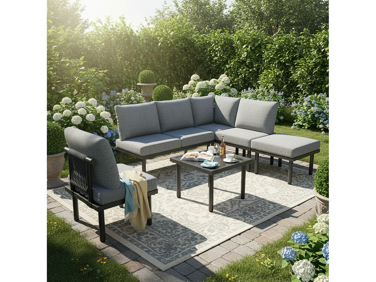 Salon de jardin modulable 6 places en fer galvanisé - Coussins d'assise et de dossier gris