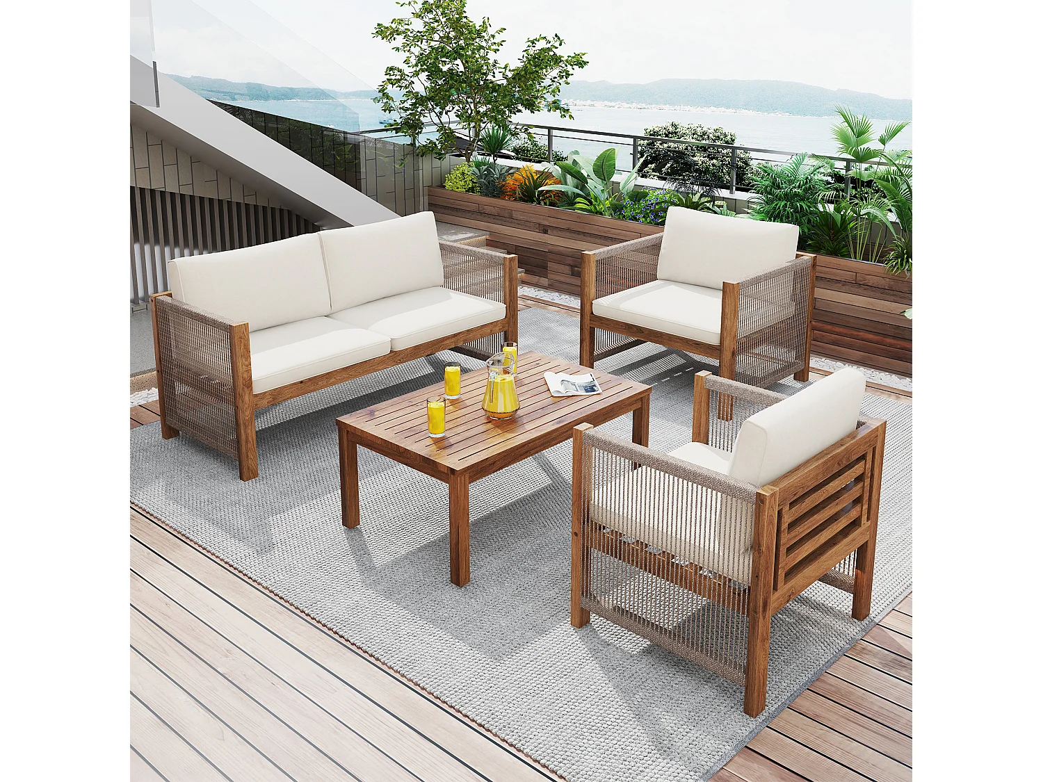 Conjunto de mobiliário de jardim bege para 4 pessoas: sofá de 2 lugares + 2 cadeirões e 1 mesa.