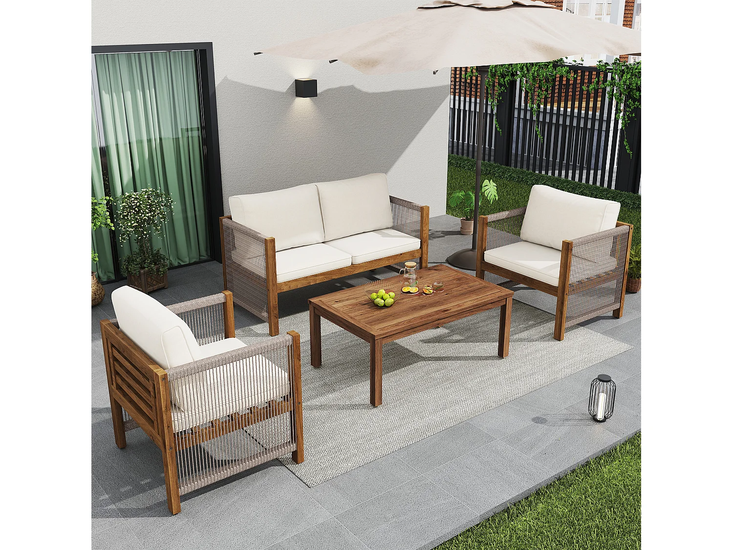 Conjunto de mobiliário de jardim bege para 4 pessoas: sofá de 2 lugares + 2 cadeirões e 1 mesa.