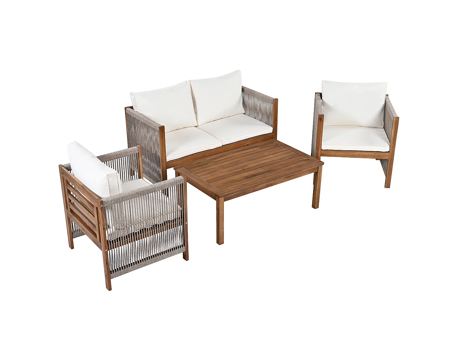 Conjunto de mobiliário de jardim bege para 4 pessoas: sofá de 2 lugares + 2 cadeirões e 1 mesa.