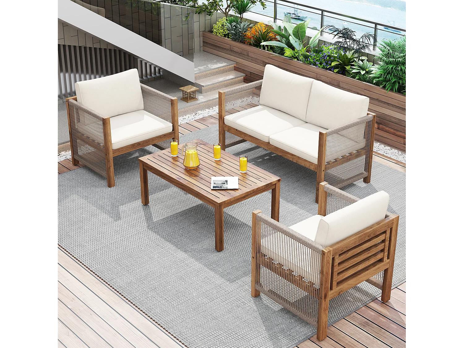 Conjunto de mobiliário de jardim bege para 4 pessoas: sofá de 2 lugares + 2 cadeirões e 1 mesa.