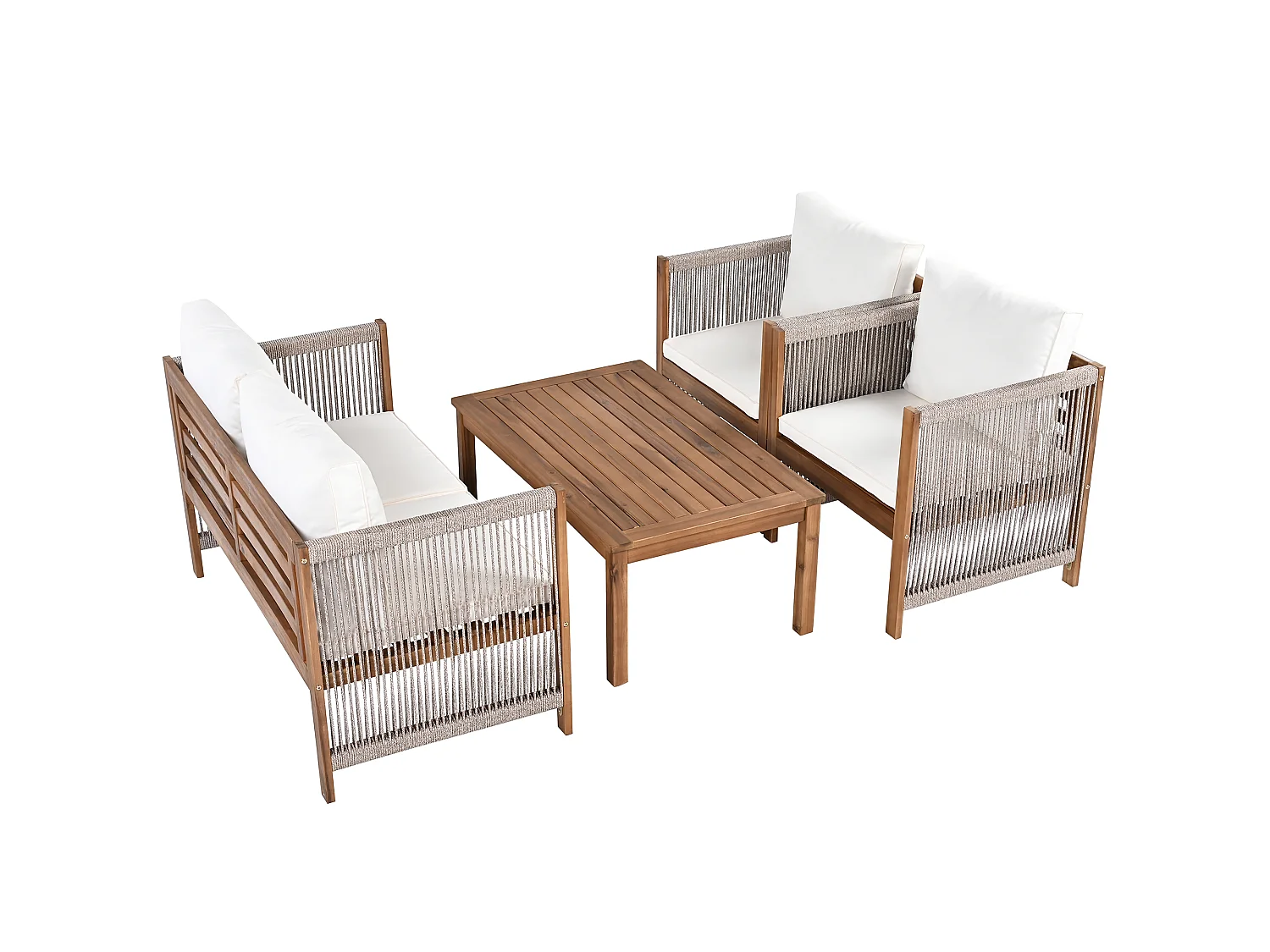 Conjunto de mobiliário de jardim bege para 4 pessoas: sofá de 2 lugares + 2 cadeirões e 1 mesa.