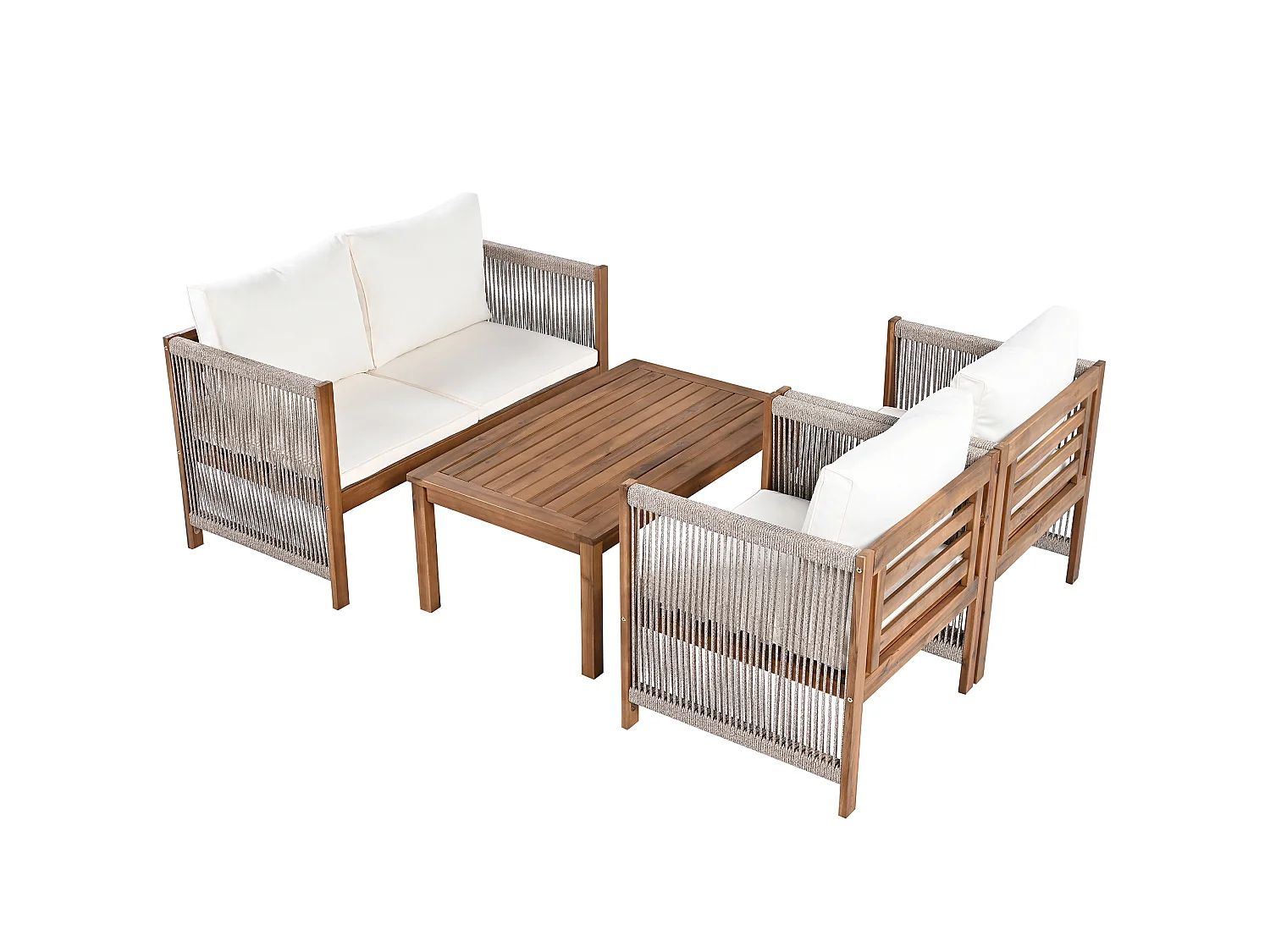 Conjunto de mobiliário de jardim bege para 4 pessoas: sofá de 2 lugares + 2 cadeirões e 1 mesa.