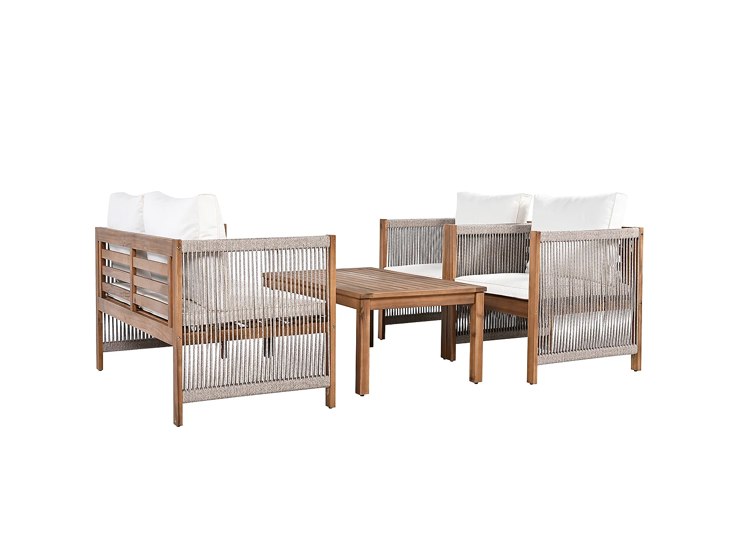 Conjunto de mobiliário de jardim bege para 4 pessoas: sofá de 2 lugares + 2 cadeirões e 1 mesa.