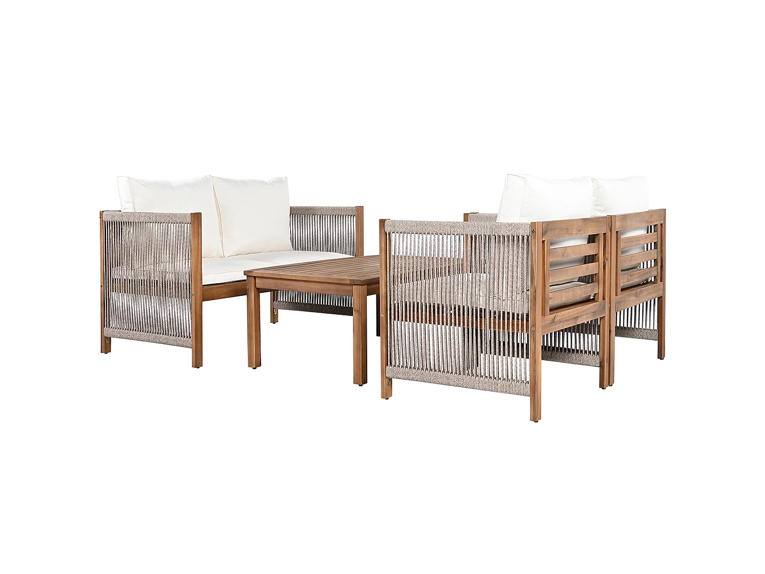 Conjunto de mobiliário de jardim bege para 4 pessoas: sofá de 2 lugares + 2 cadeirões e 1 mesa.