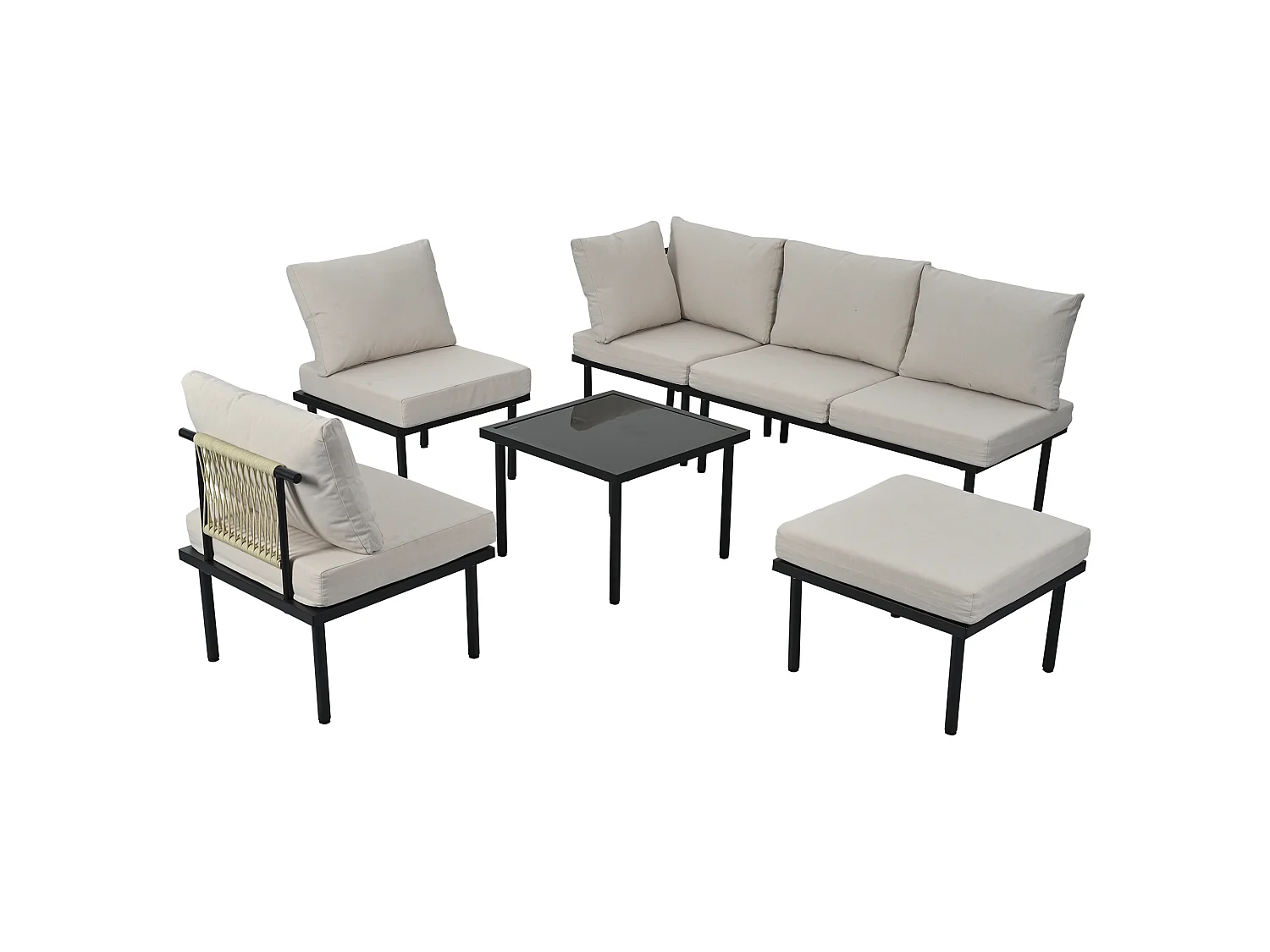 Salon de jardin modulable 6 places en fer galvanisé - Coussins d'assise et de dossier beige