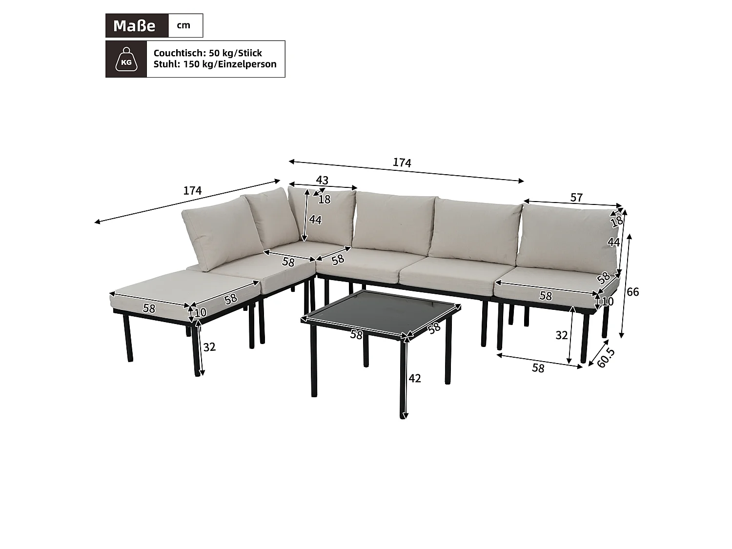 Salon de jardin modulable 6 places en fer galvanisé - Coussins d'assise et de dossier beige