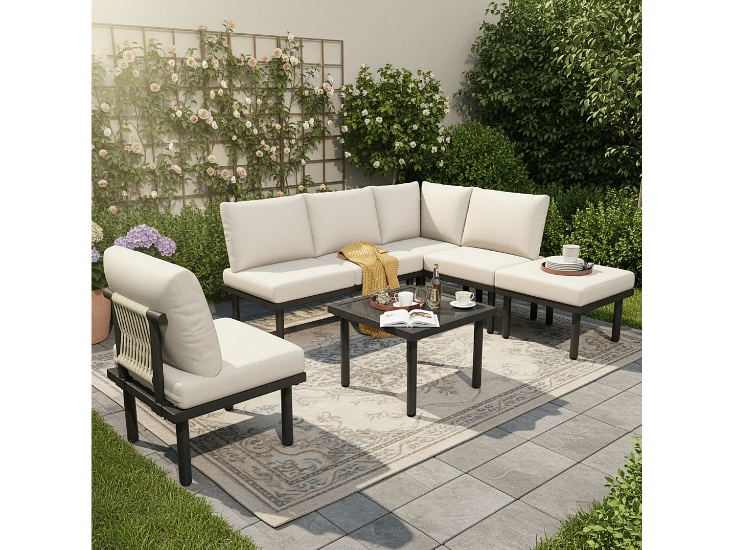Salon de jardin modulable 6 places en fer galvanisé - Coussins d'assise et de dossier beige
