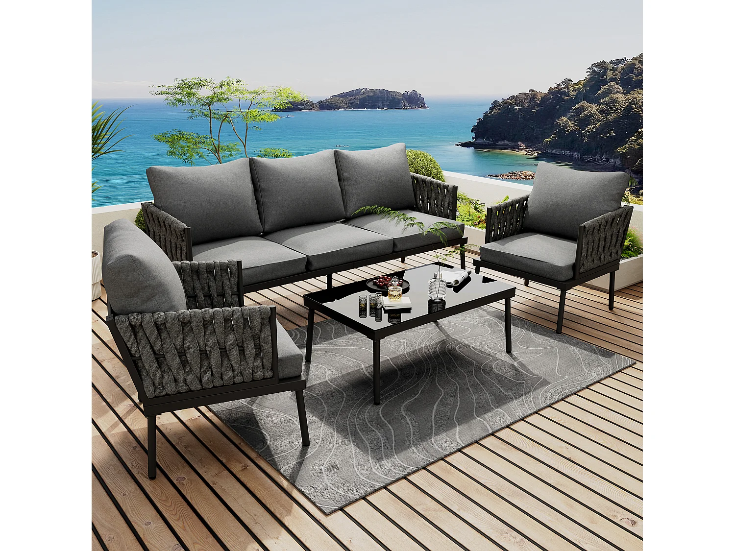 Ensemble de jardin avec canapé 3 places, 2 fauteuils et table basse - Accoudoirs en corde tressée, gris