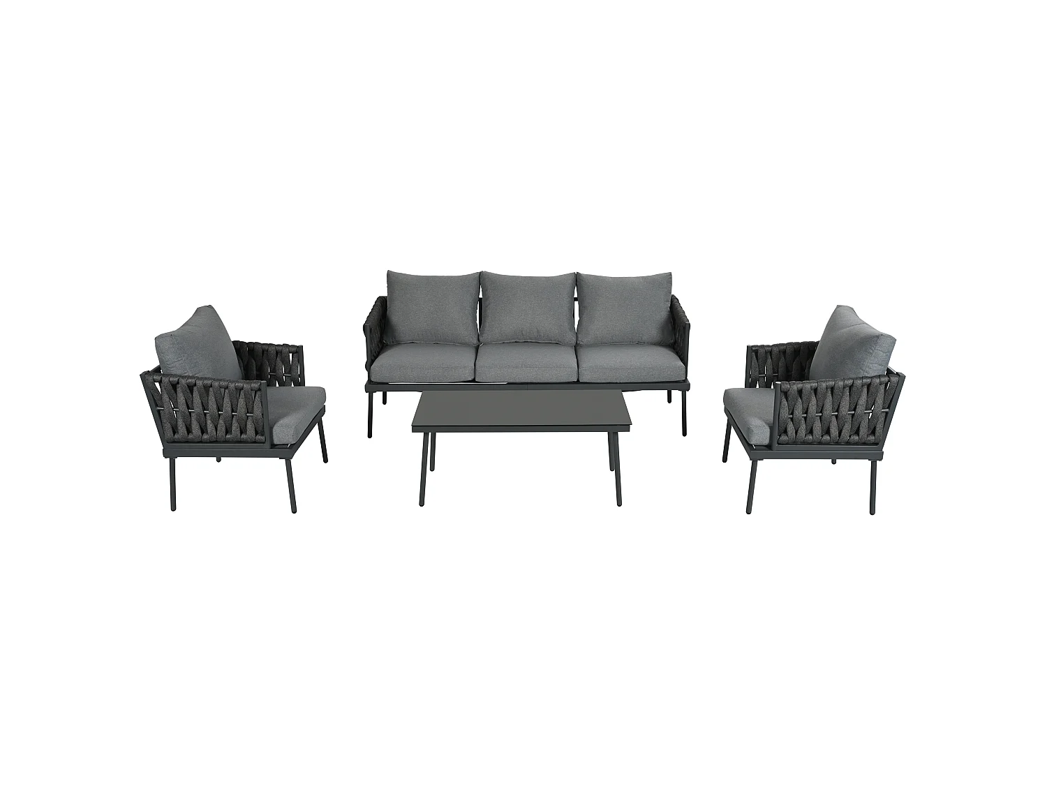 Ensemble de jardin avec canapé 3 places, 2 fauteuils et table basse - Accoudoirs en corde tressée, gris