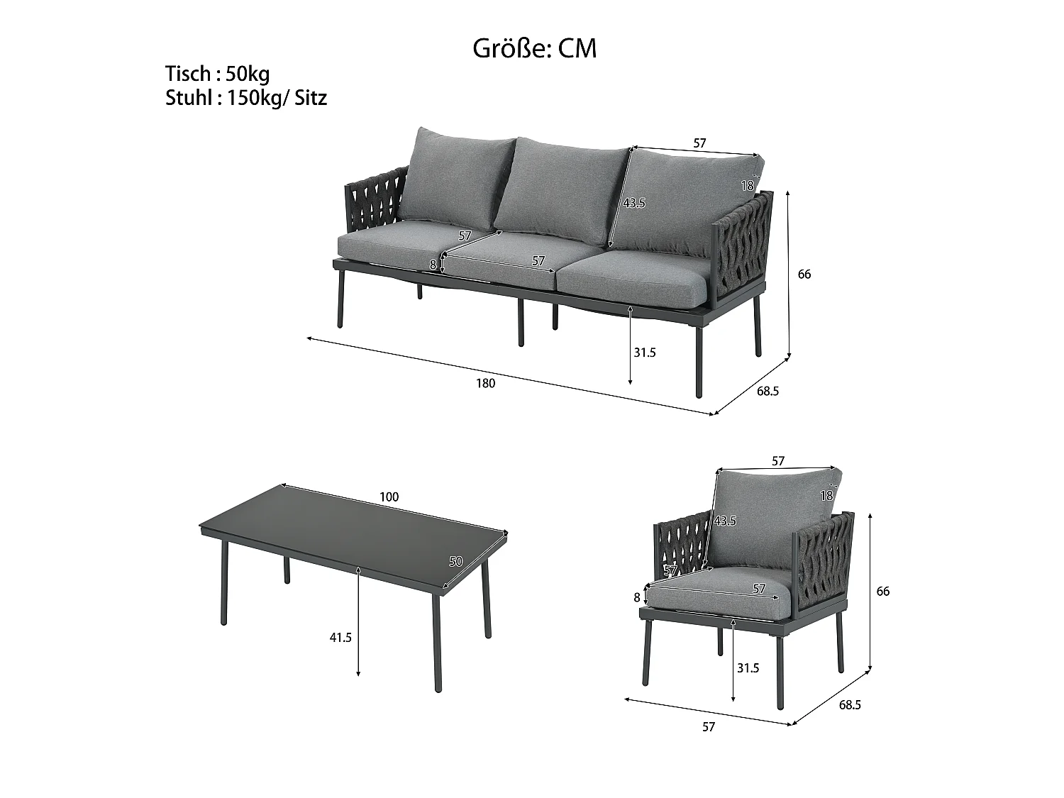 Ensemble de jardin avec canapé 3 places, 2 fauteuils et table basse - Accoudoirs en corde tressée, gris