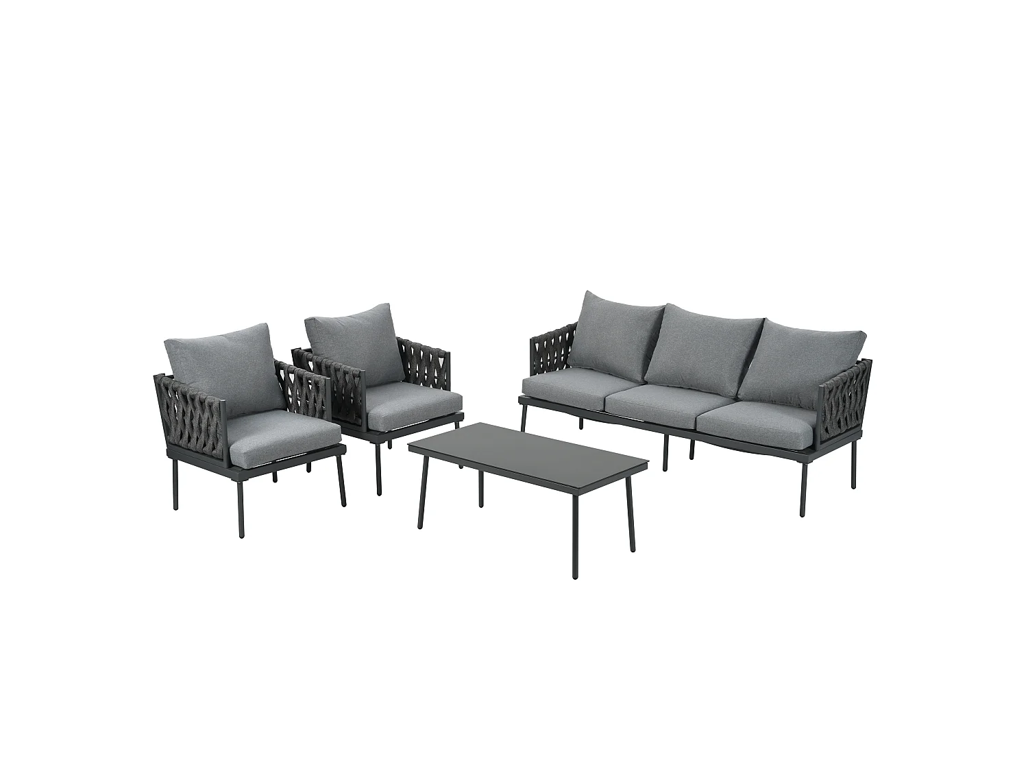 Ensemble de jardin avec canapé 3 places, 2 fauteuils et table basse - Accoudoirs en corde tressée, gris