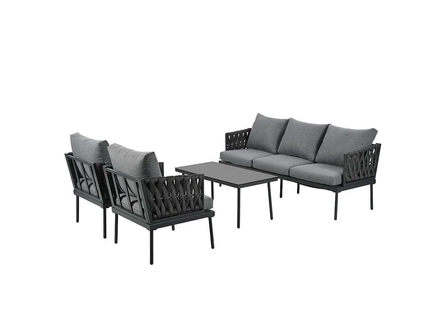 Ensemble de jardin avec canapé 3 places, 2 fauteuils et table basse - Accoudoirs en corde tressée, gris