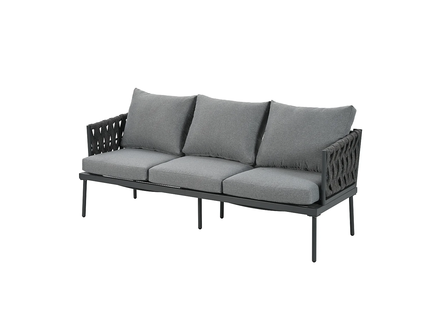 Ensemble de jardin avec canapé 3 places, 2 fauteuils et table basse - Accoudoirs en corde tressée, gris