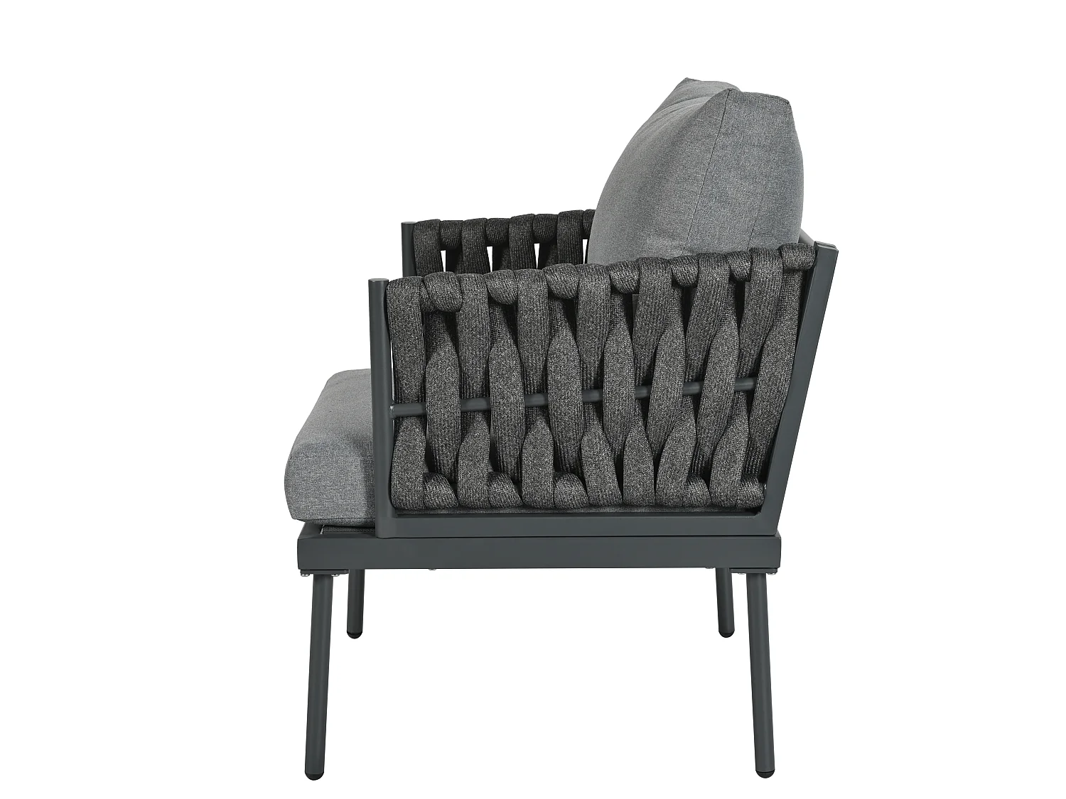 Ensemble de jardin avec canapé 3 places, 2 fauteuils et table basse - Accoudoirs en corde tressée, gris