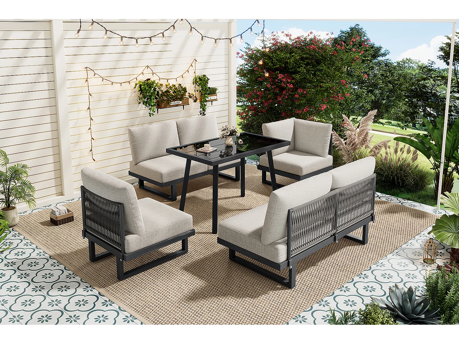 Salon de jardin modulable en acier galvanisé : 2 canapé 2 places + 1 table basse - Gris-beige