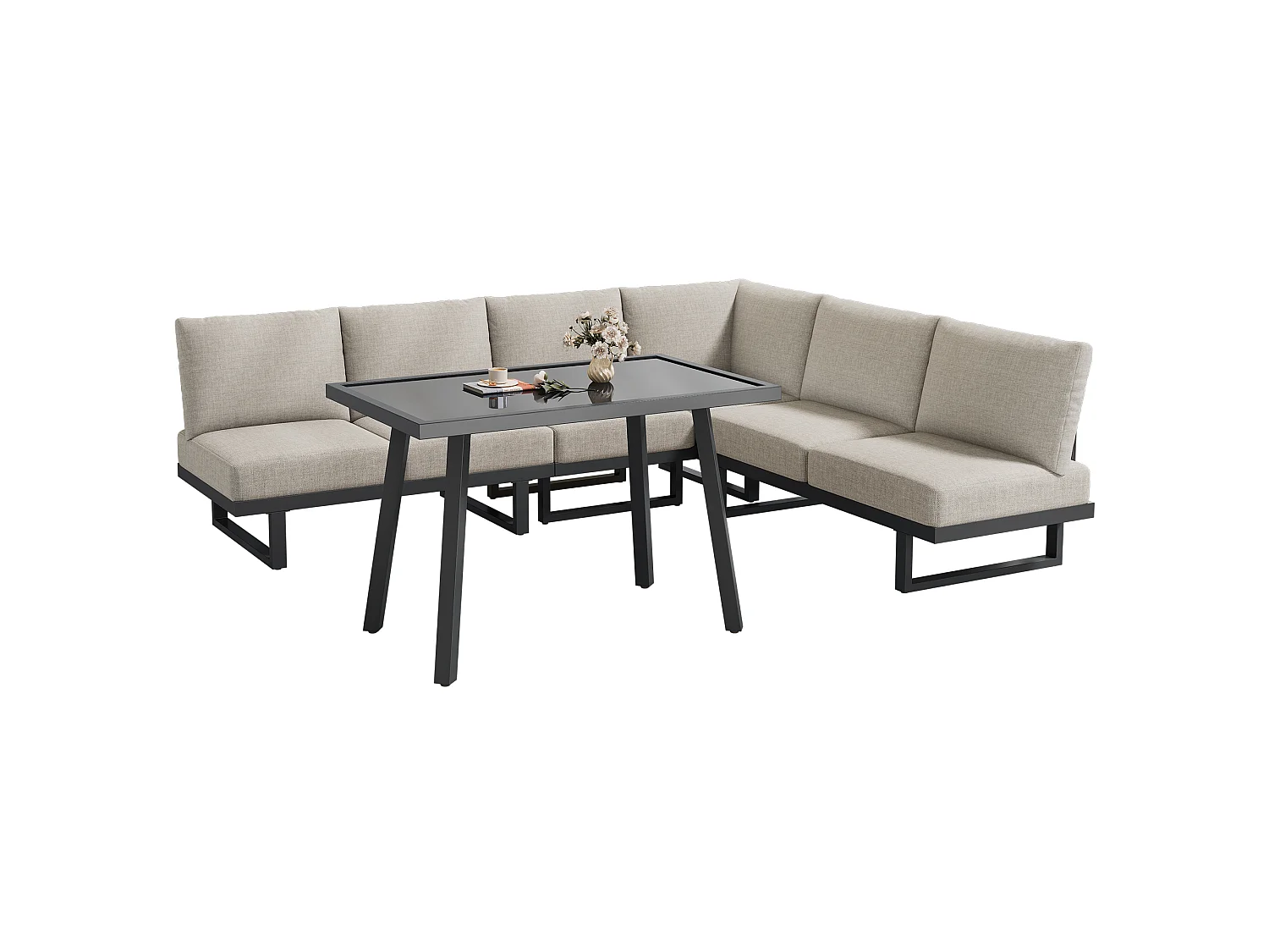 Salon de jardin modulable en acier galvanisé : 2 canapé 2 places + 1 table basse - Gris-beige